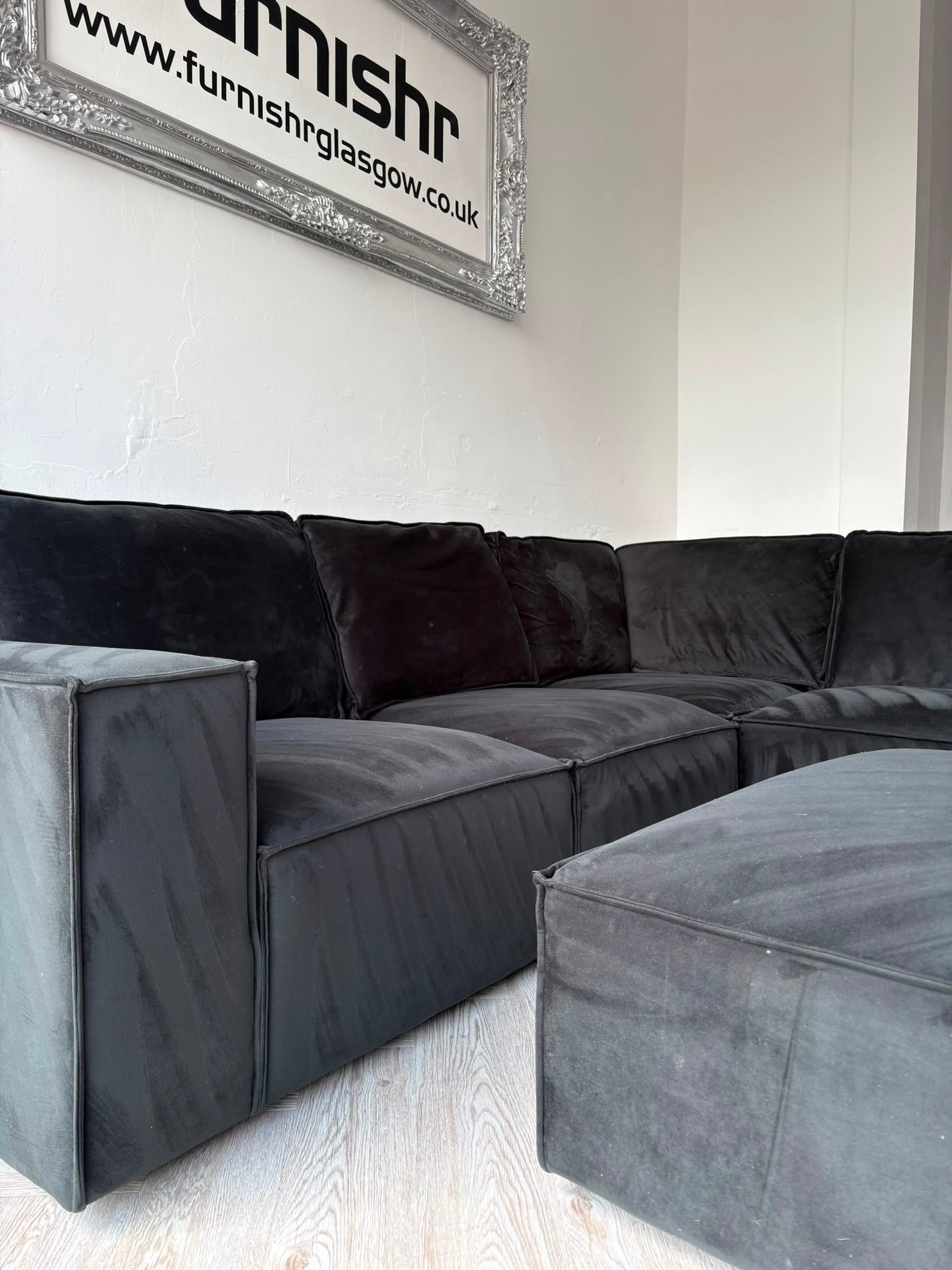 DUSK Black Plush Velvet Corner Sofa & Footstool #