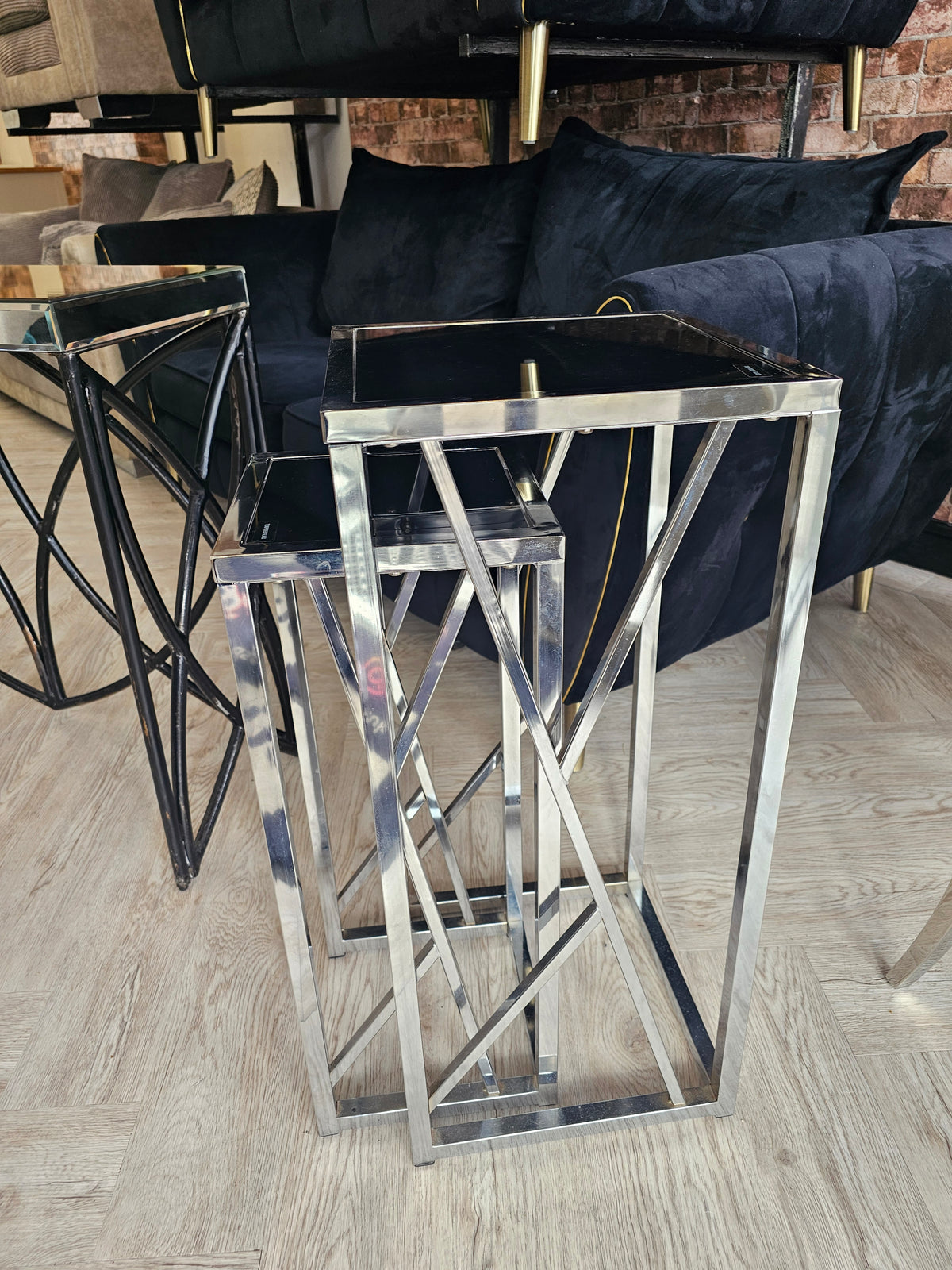 Tall Side Tables/ Plant Stands in Chrome & Black Glass @
