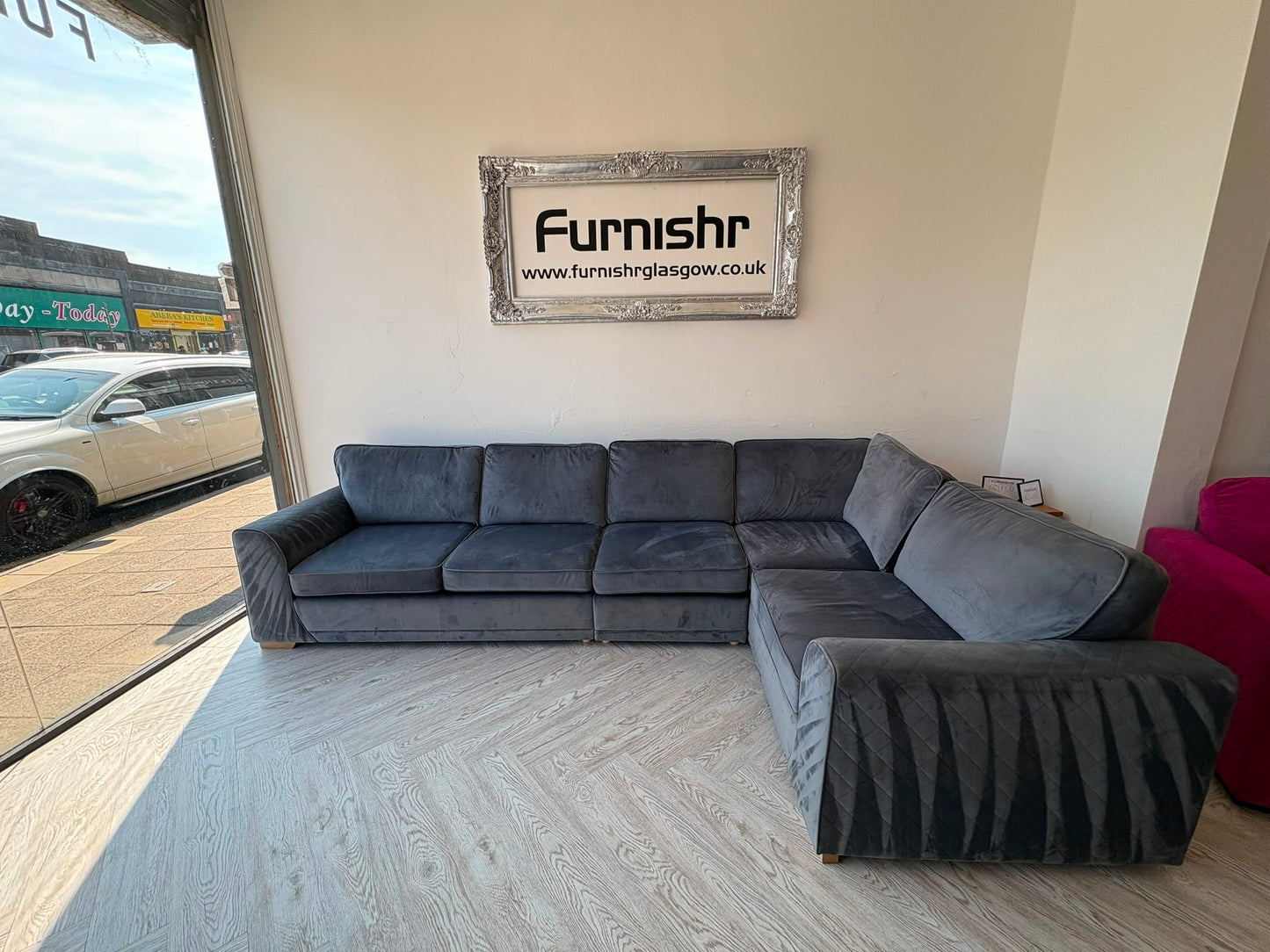 DFS Orka Large Corner Sofa, with removable extra section, in Denim Blue Sensual Velvet #