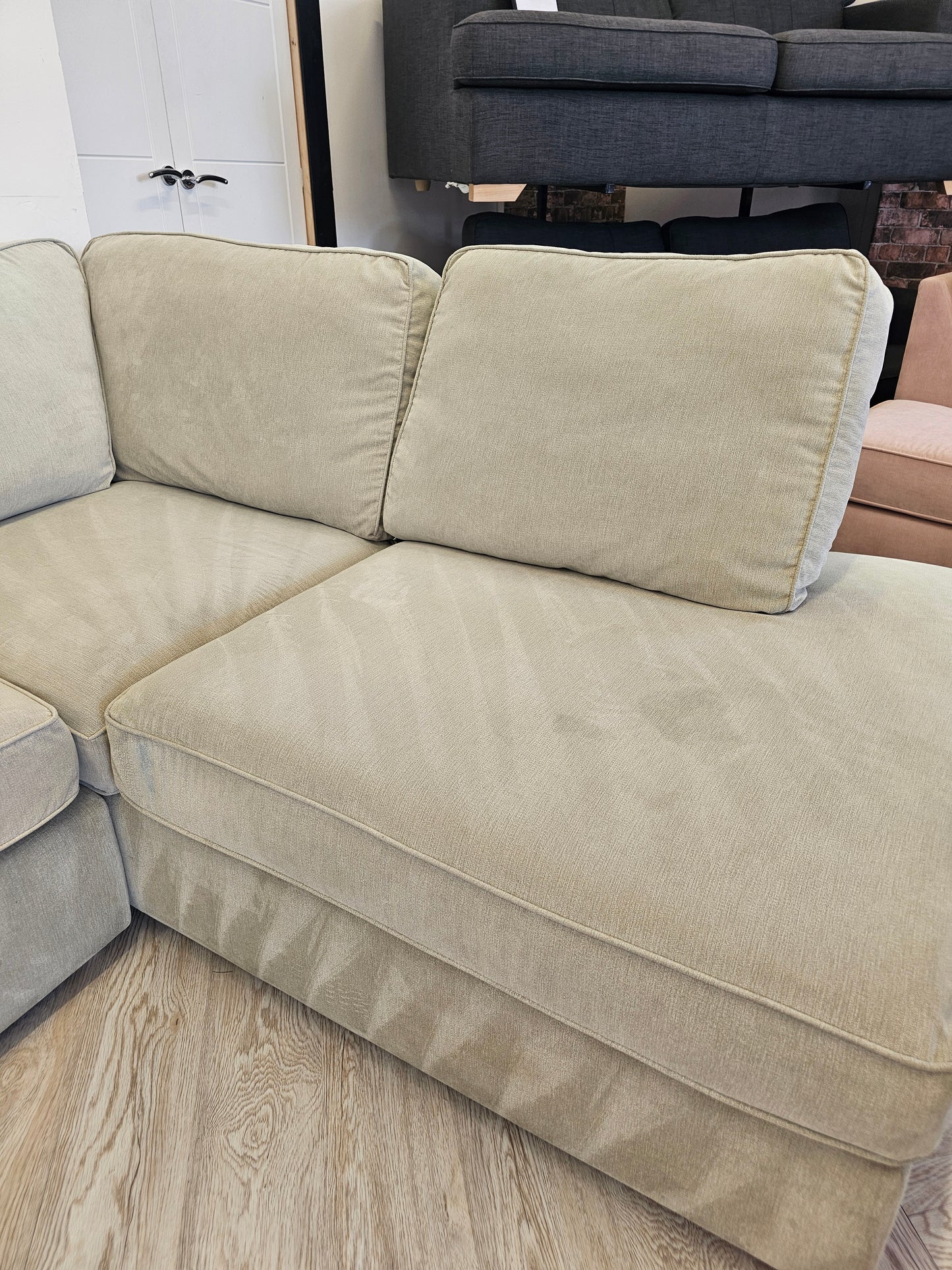 DFS Greige Orka Corner Sofa (minor imperfections hence lower price)@