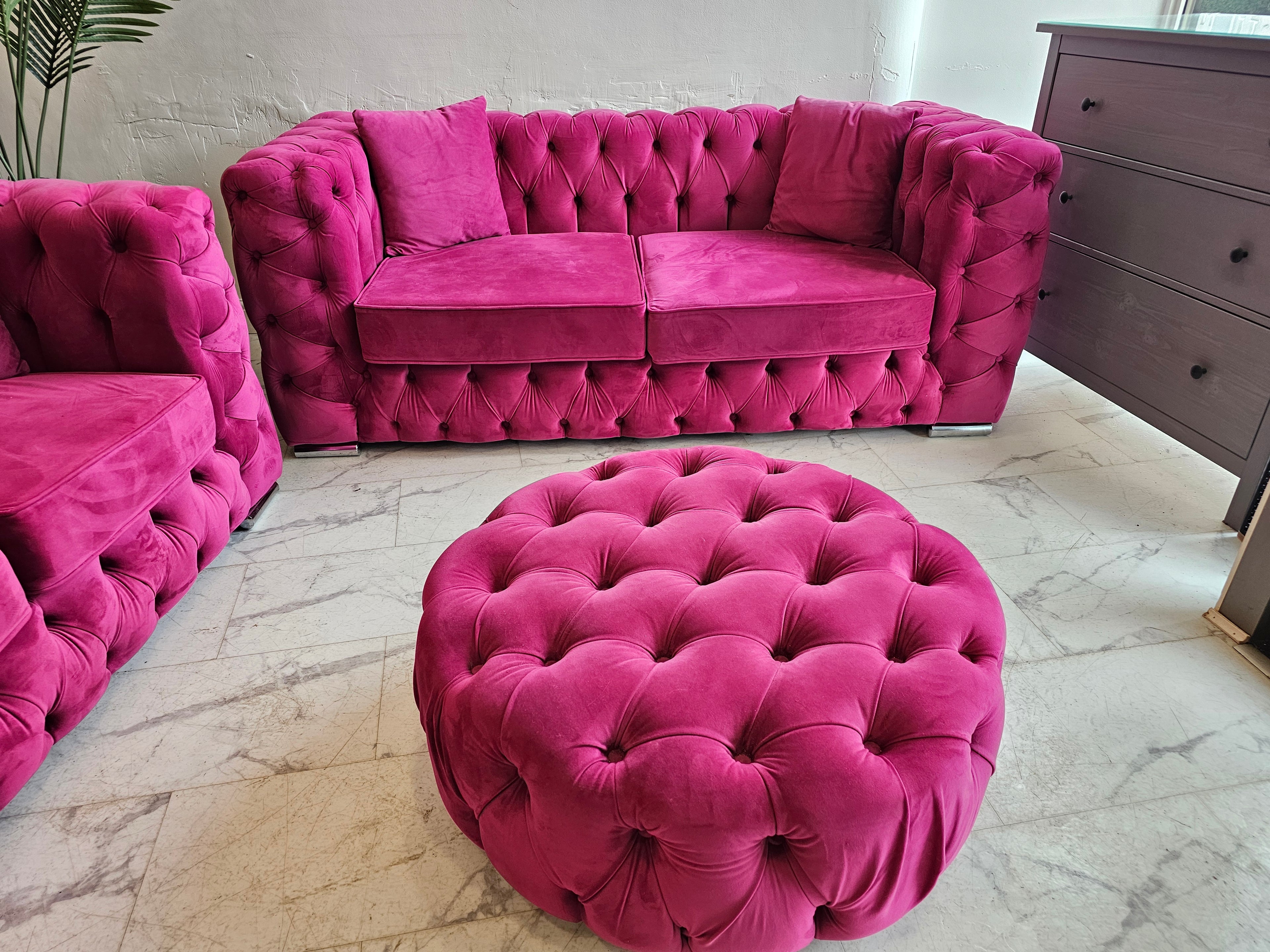 House of Chelsea 3 & 2 Seater Chesterfield Style Sofas & Footstool in Pink