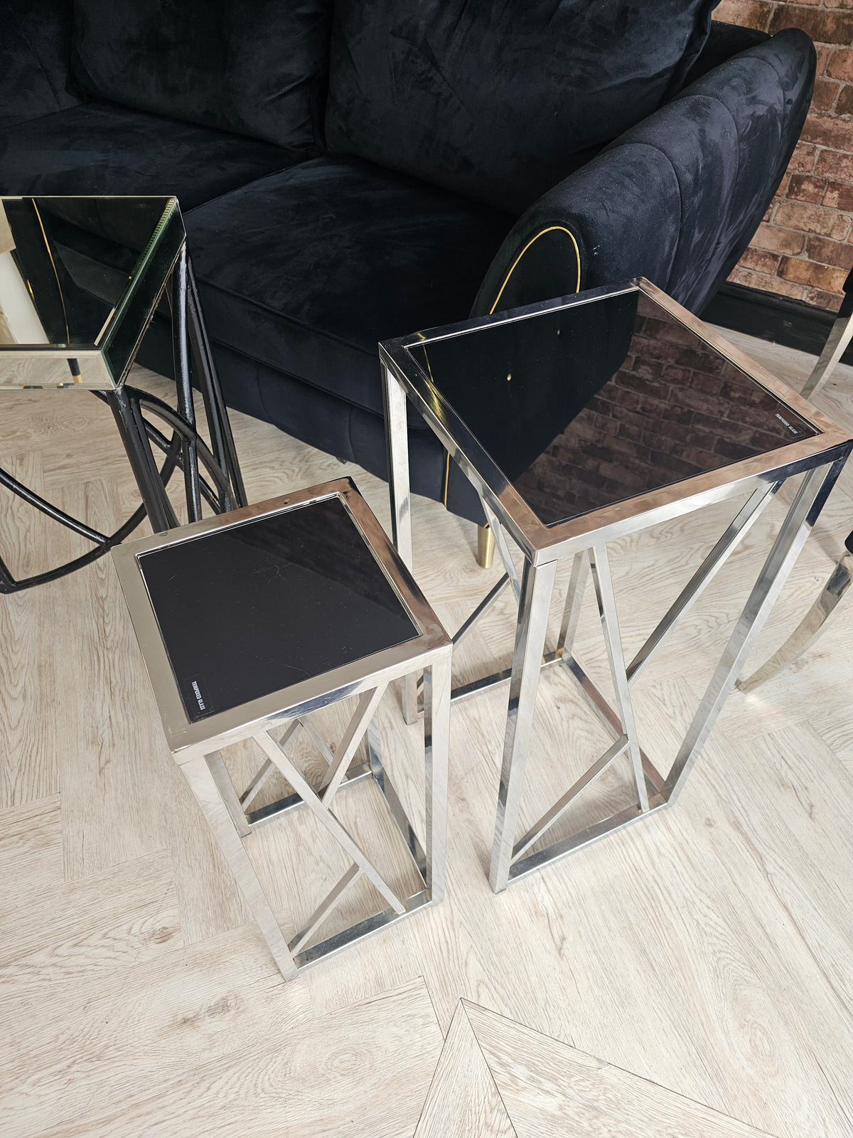 Tall Side Tables/ Plant Stands in Chrome & Black Glass @