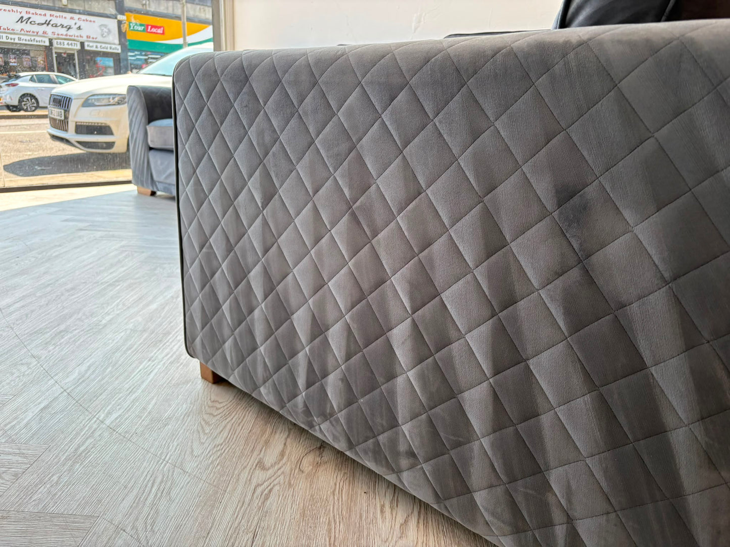 DFS Orka Large Corner Sofa, with removable extra section, in Denim Blue Sensual Velvet #