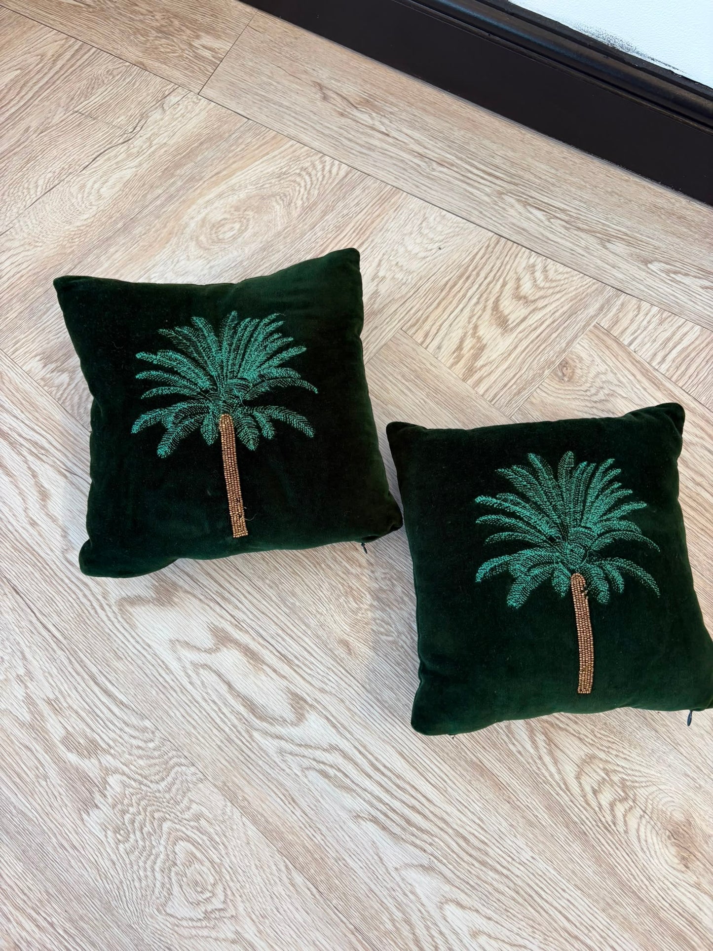 The Range Pair of Small Green Velvet Palmtree Cushions 28cm by 28cm