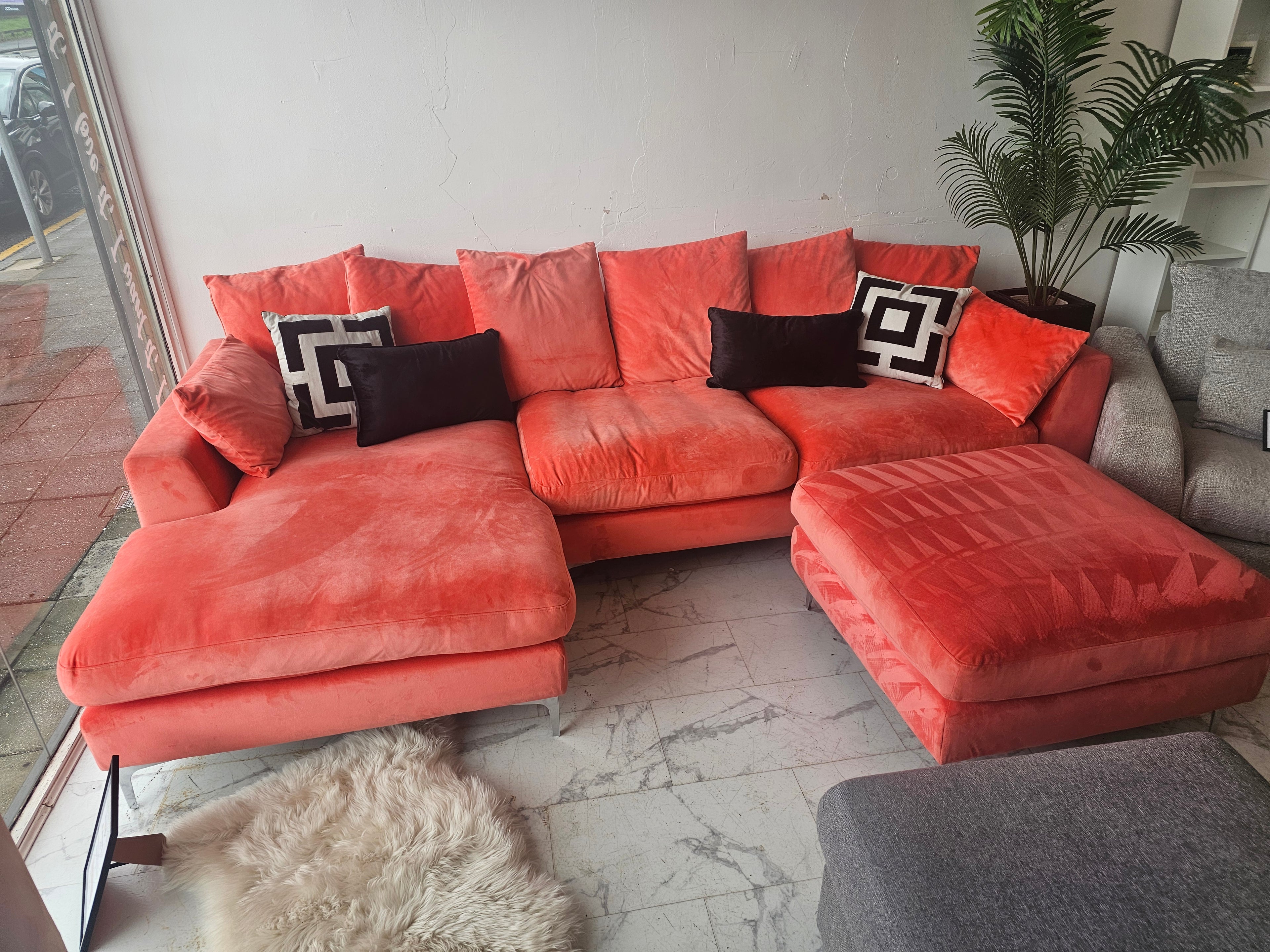 DFS Coral Plush Velvet Corner Sofa & Footstool