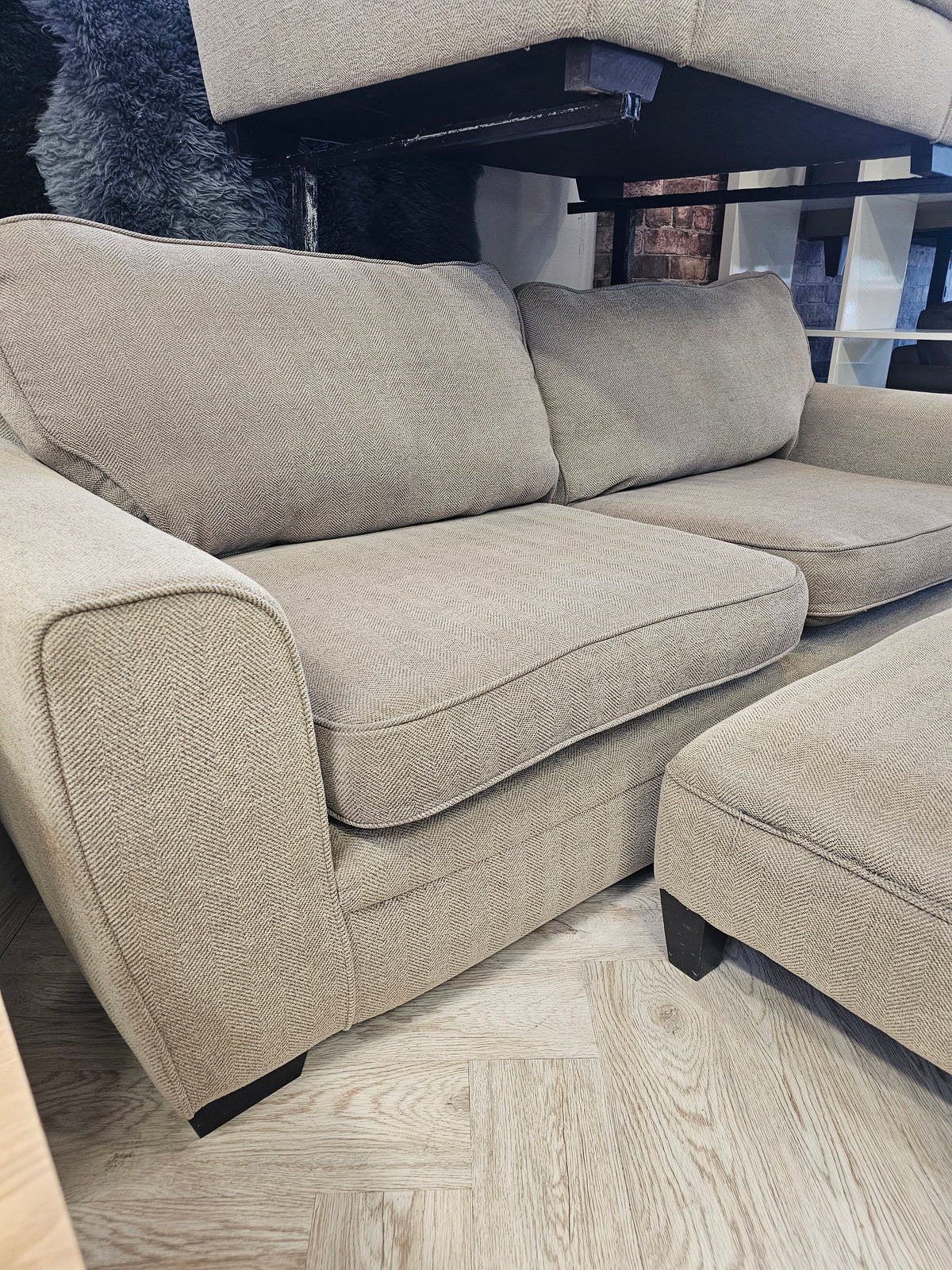 CLEARANCE Sofology Chalfont 3 Seater Sofa, Chair & Footstool in Beige/Taupe @