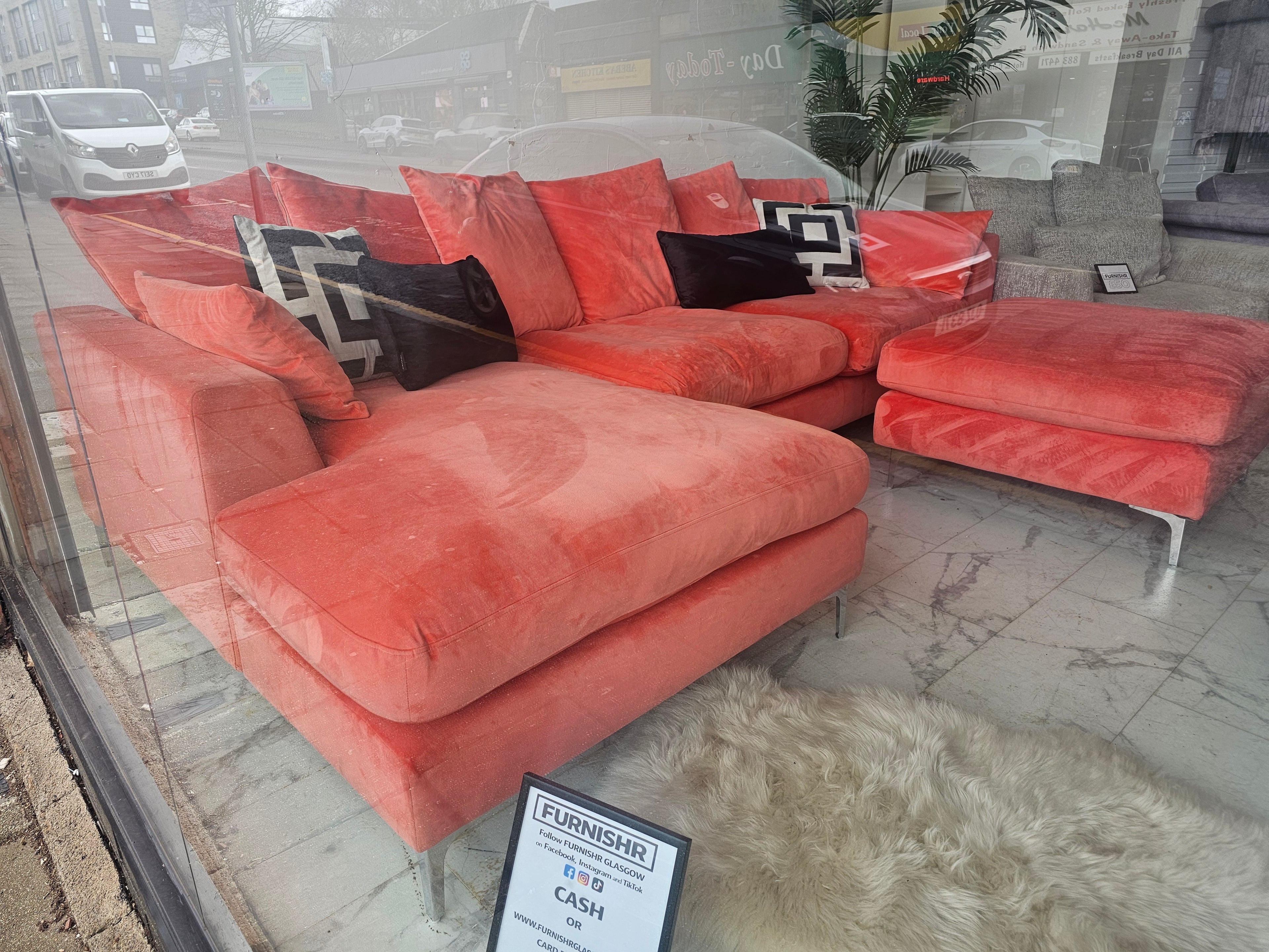 DFS Coral Plush Velvet Corner Sofa & Footstool