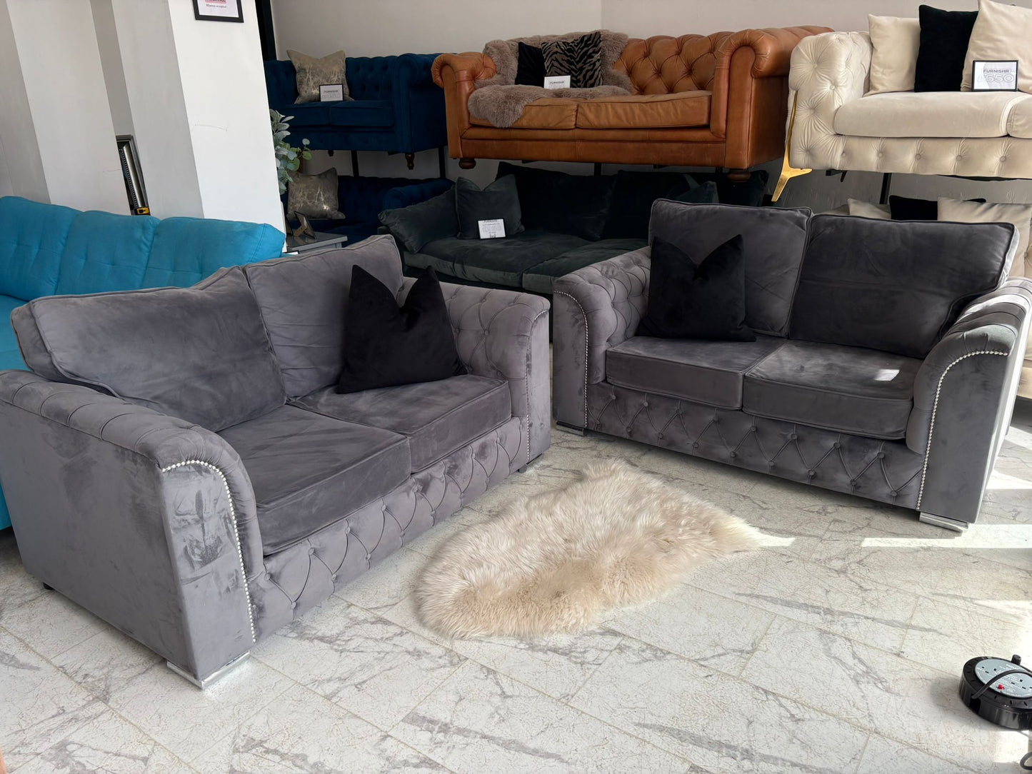 2 x 2 Seater Grey Velvet Chesterfield  Sofas