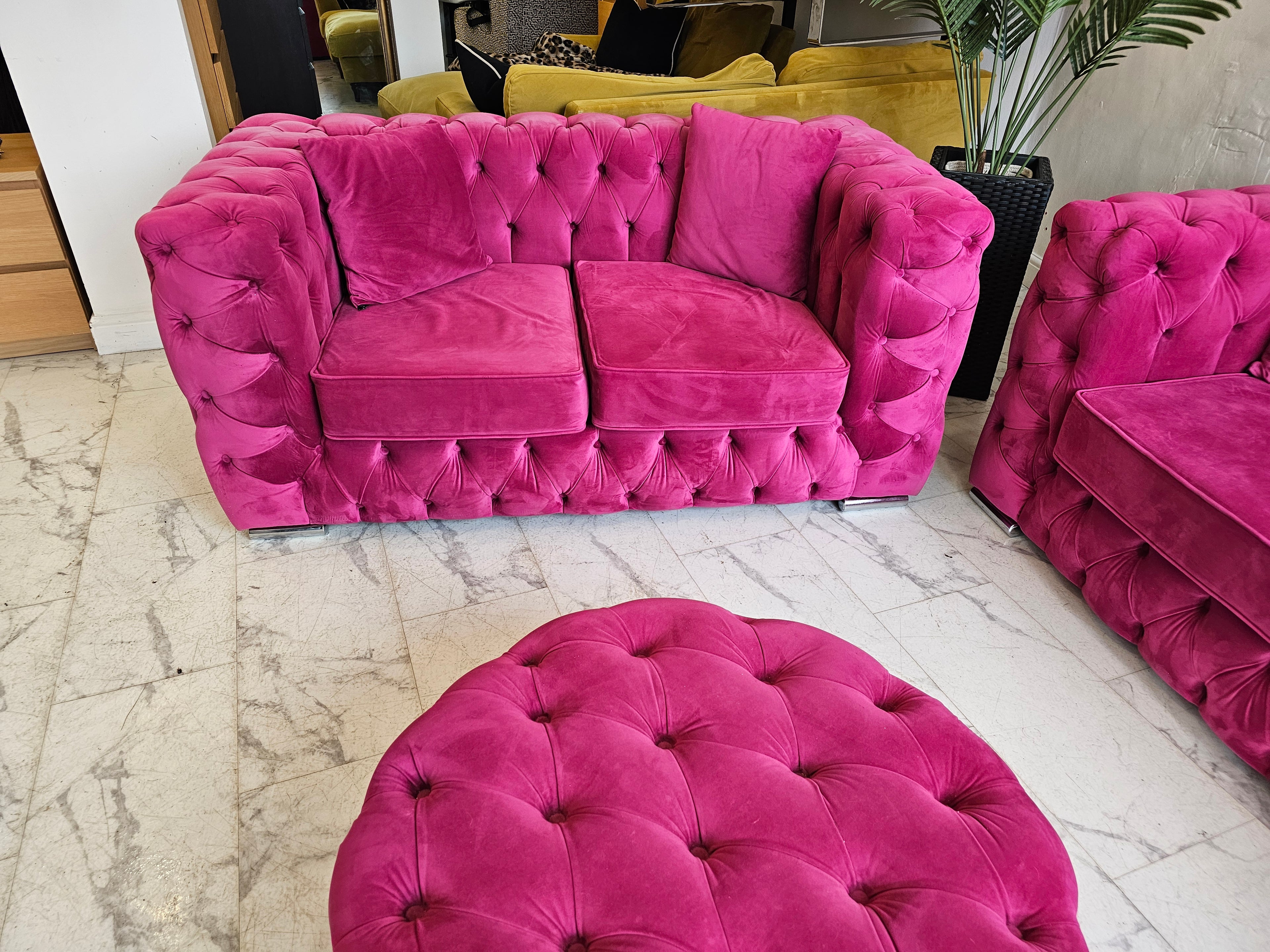 House of Chelsea 3 & 2 Seater Chesterfield Style Sofas & Footstool in Pink