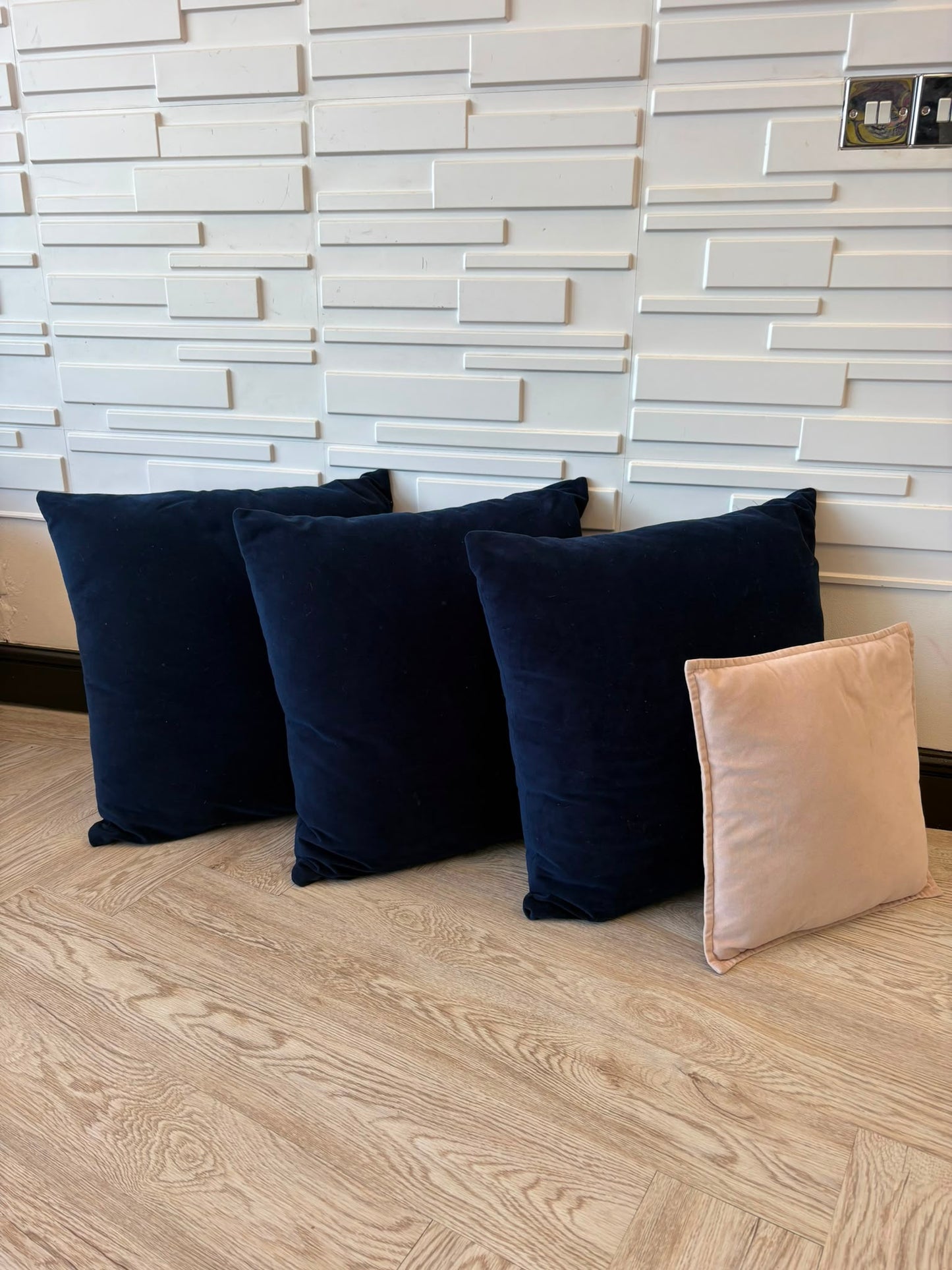 3 Large Blue Velvet Cushions 55cm by 55cm