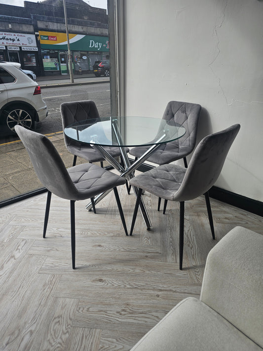 Circular Glass Dining Table & 4 Grey Fabric Chairs @#