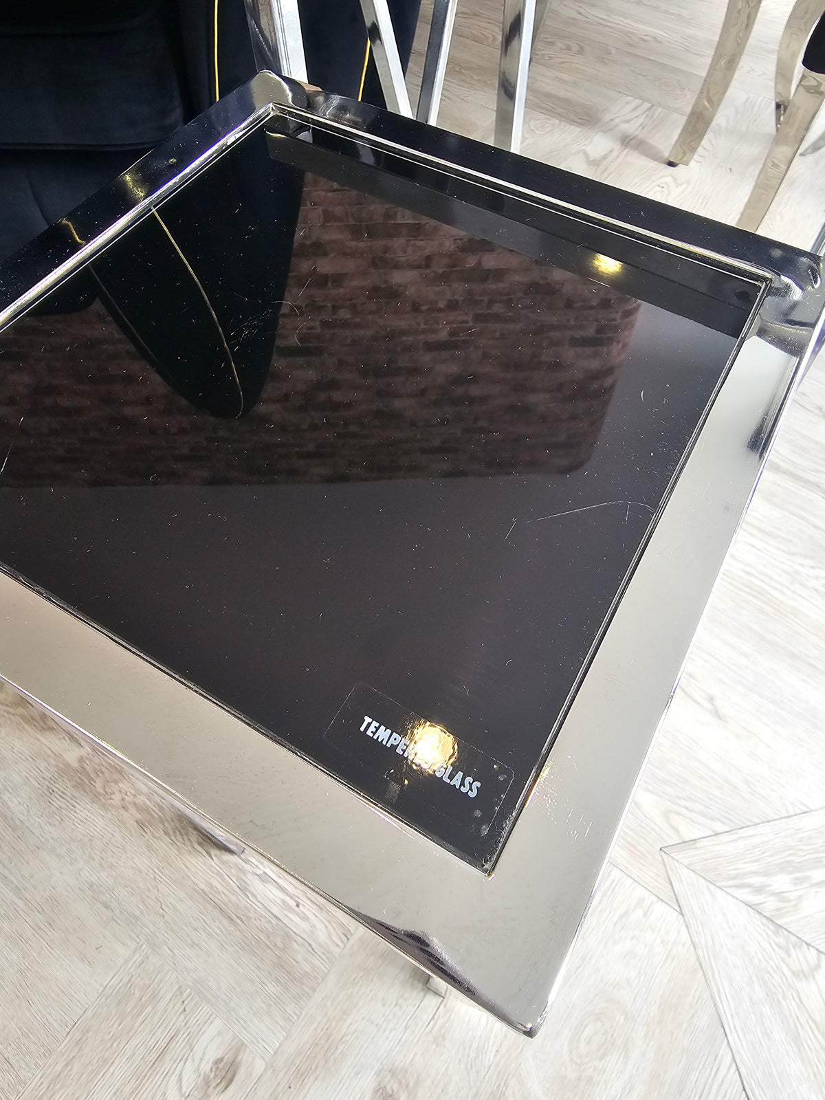 Tall Side Tables/ Plant Stands in Chrome & Black Glass @