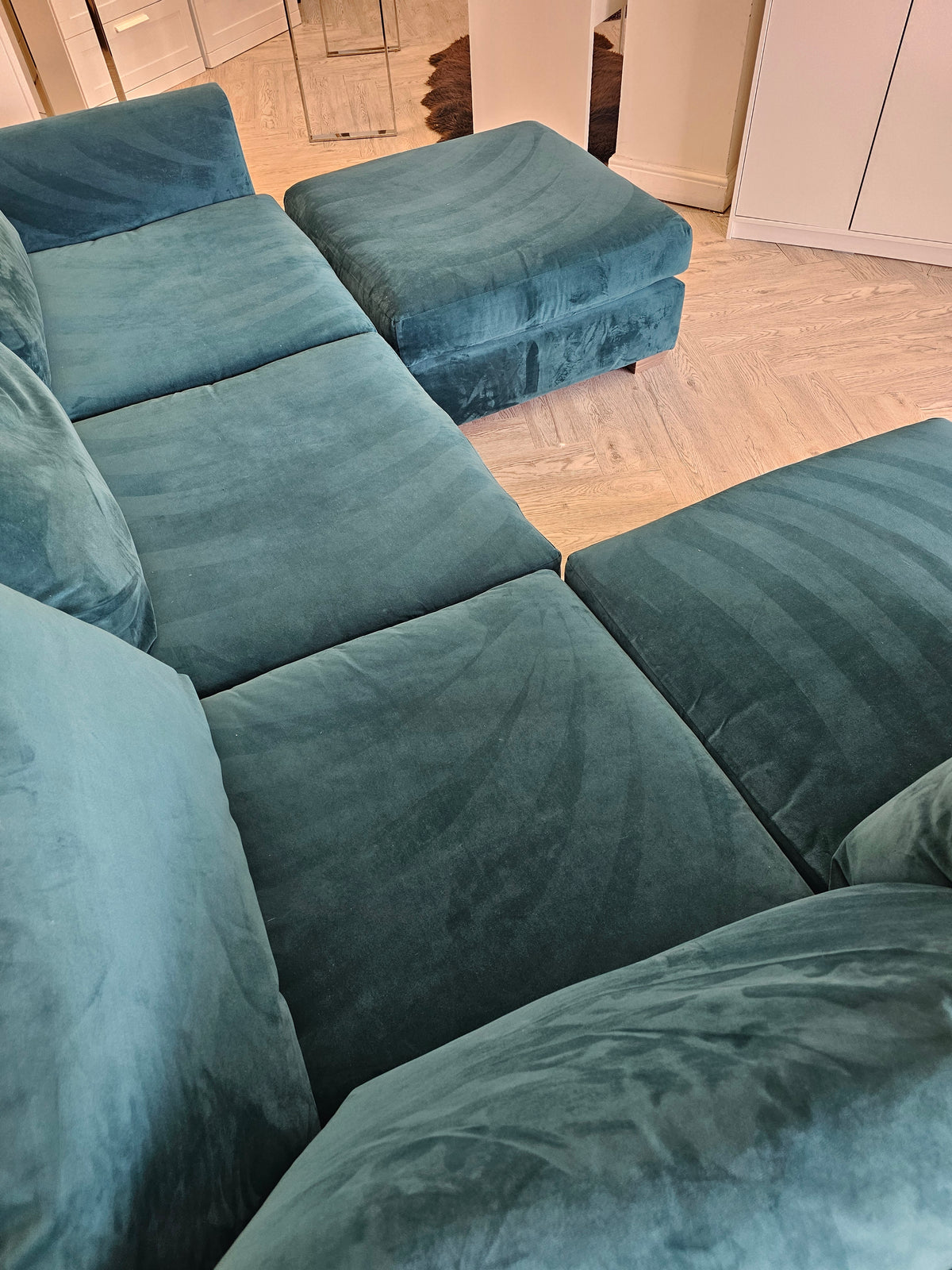 Teal Plush Corner Sofa & Footstool @#