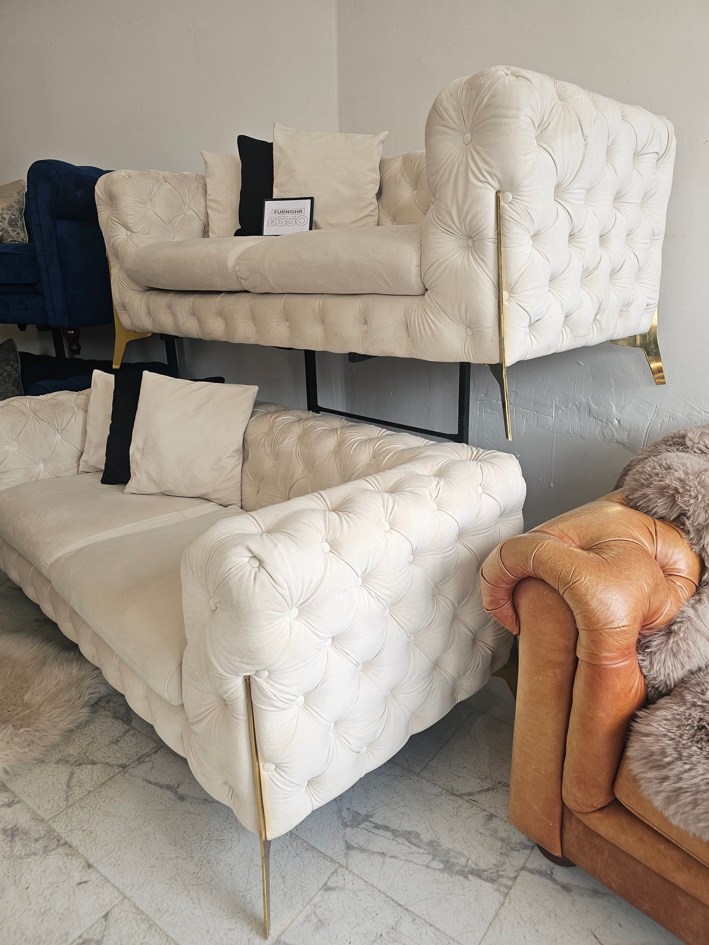 Chesterfield 2 x 2 Seater Sofas in Cream Velvet