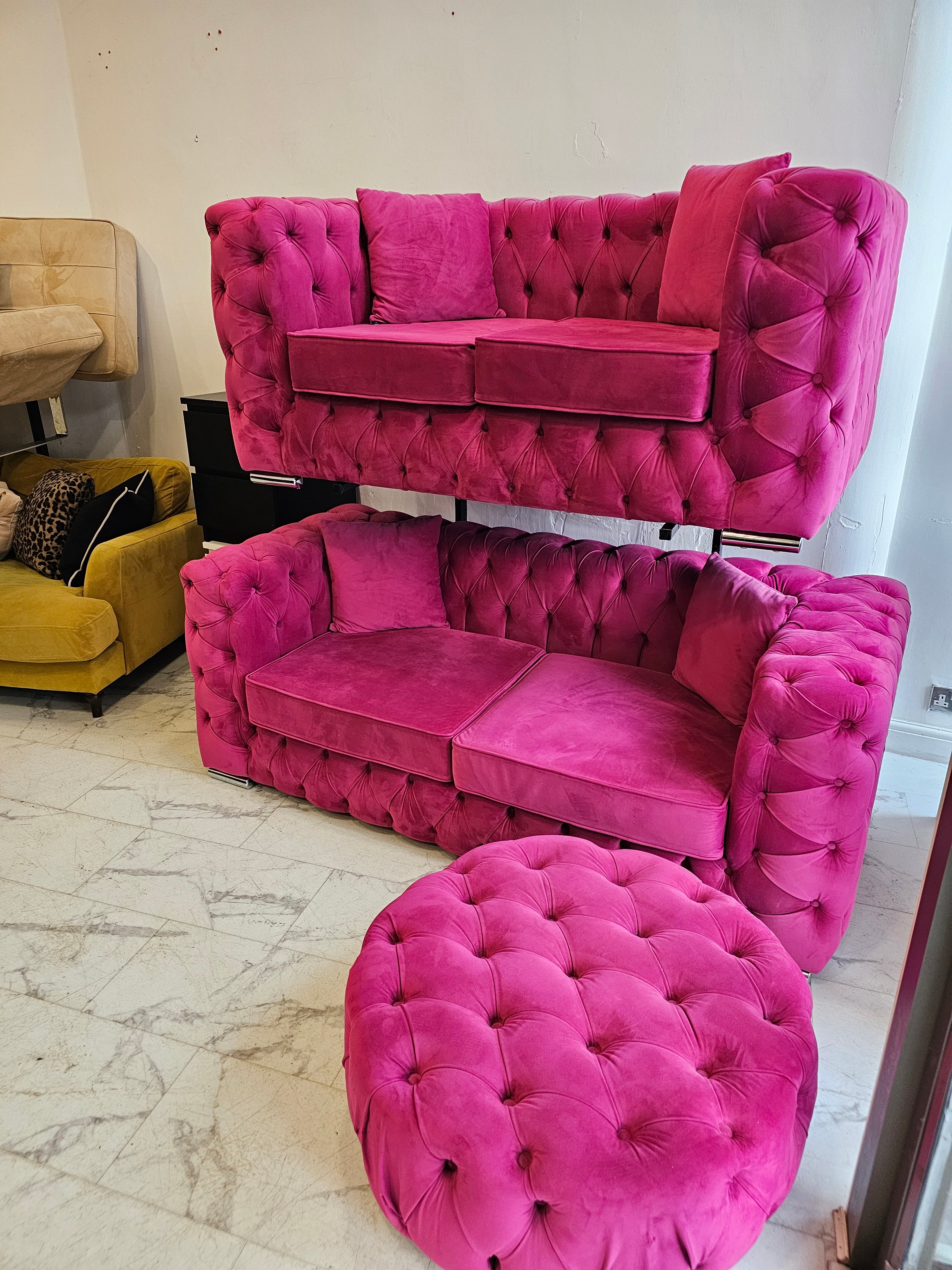 House of Chelsea 3 & 2 Seater Chesterfield Style Sofas & Footstool in Pink