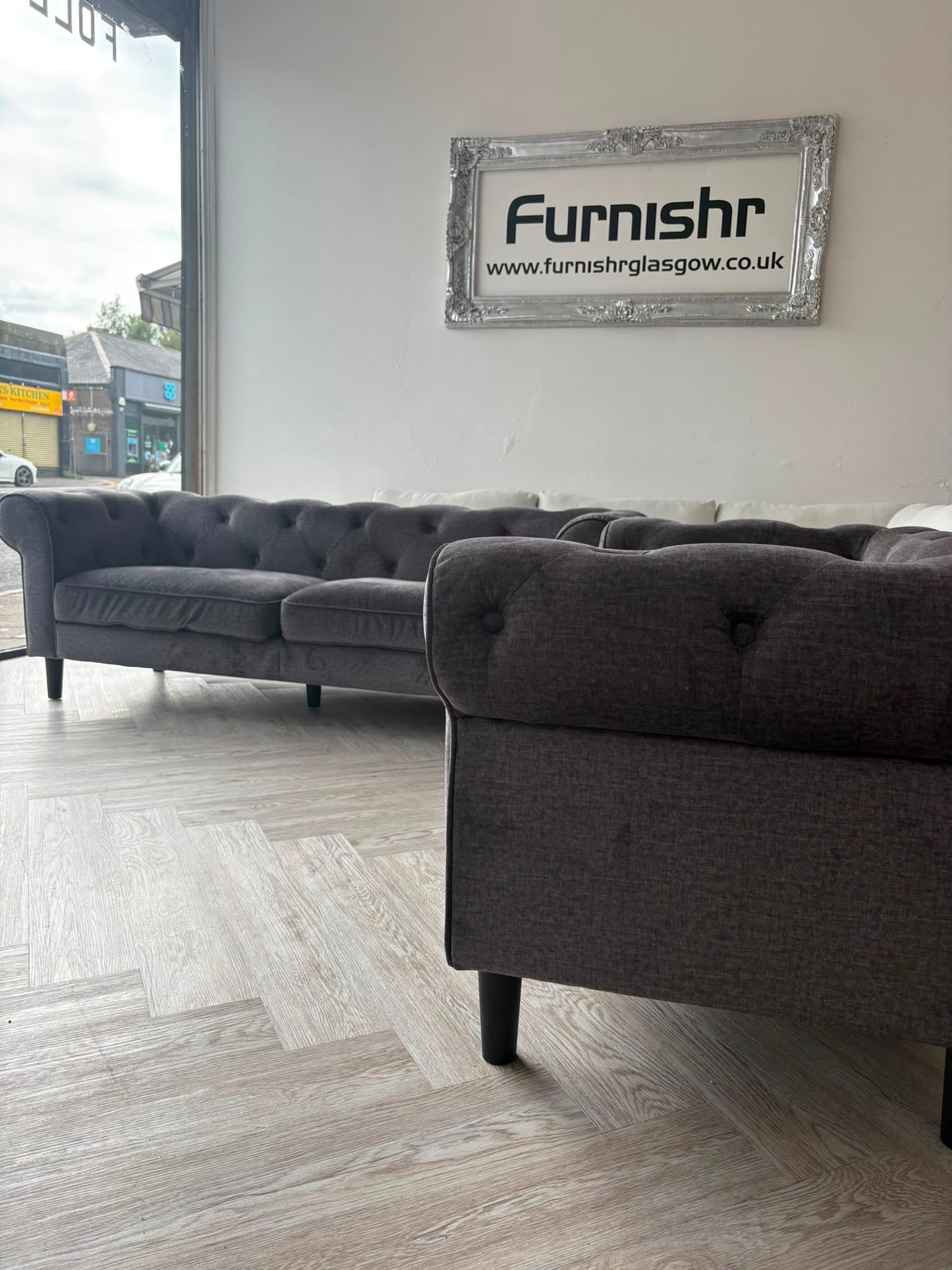 Dusk Grey Soft Fabric Chesterfield 3 & 2 Seater Sofas @