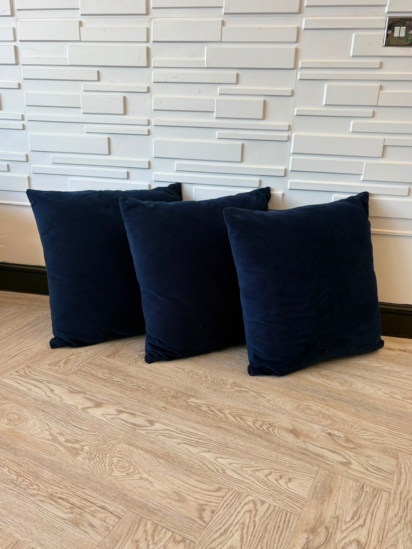 3 Large Blue Velvet Cushions 55cm by 55cm