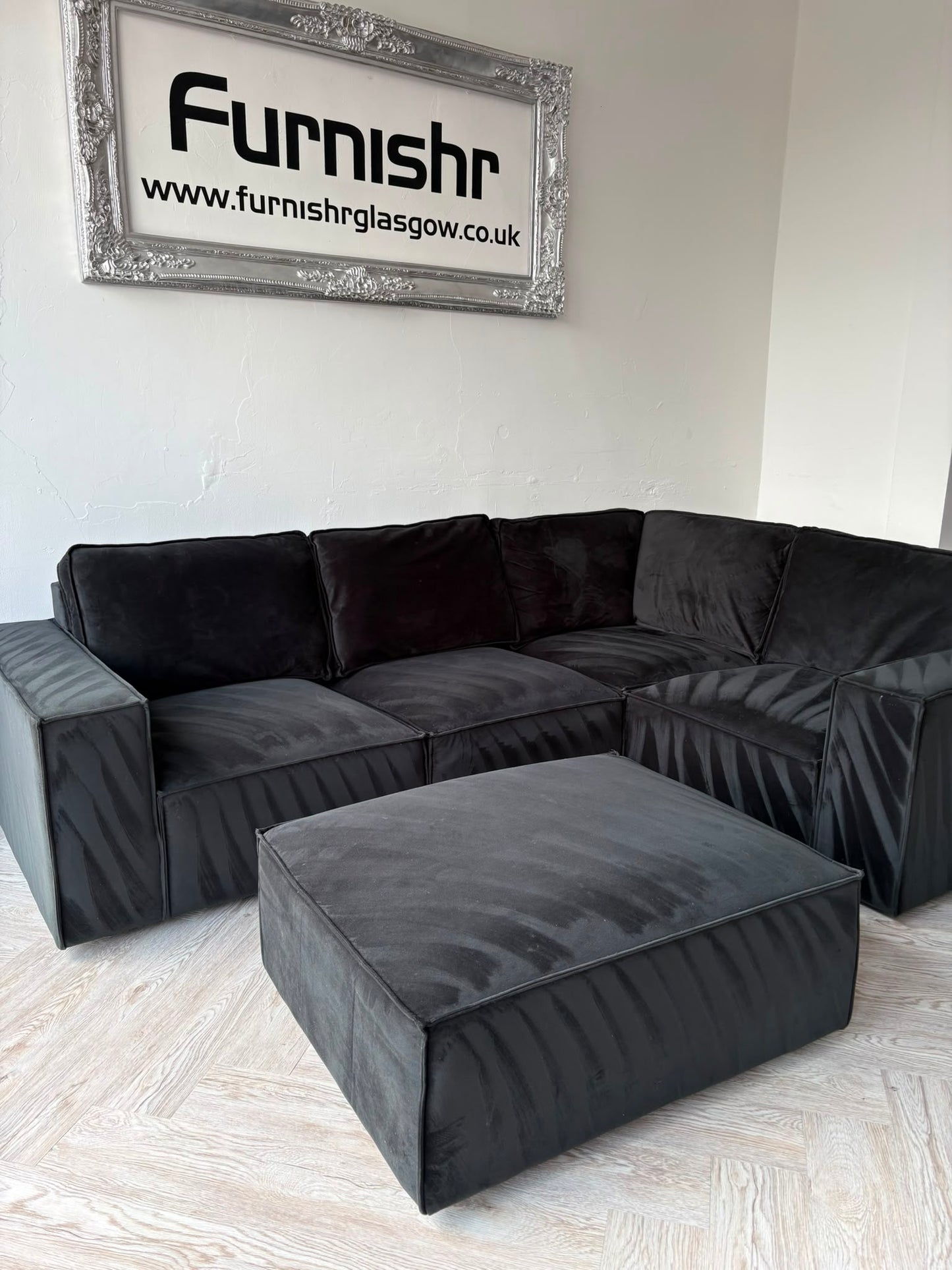 DUSK Black Plush Velvet Corner Sofa & Footstool #