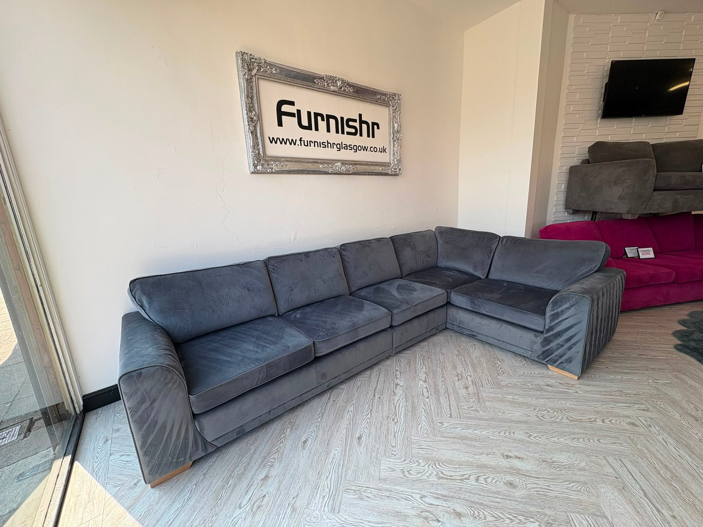 DFS Orka Large Corner Sofa, with removable extra section, in Denim Blue Sensual Velvet #