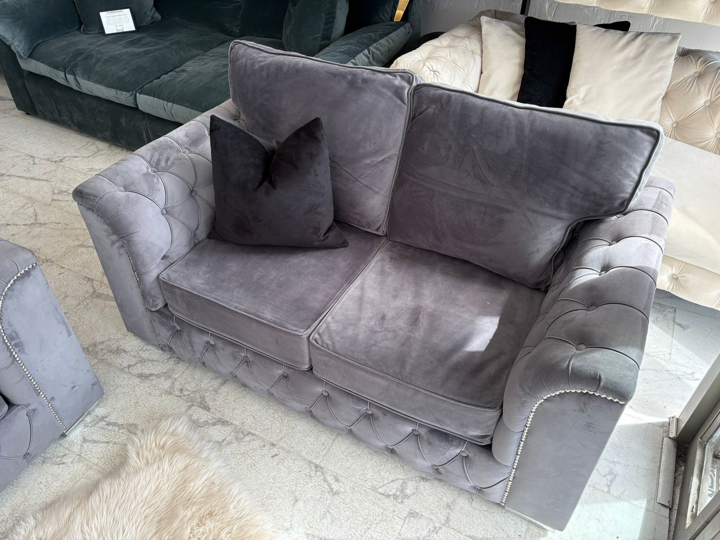 2 x 2 Seater Grey Velvet Chesterfield  Sofas