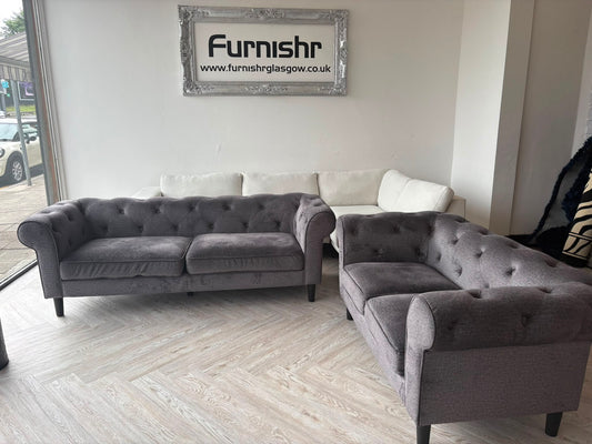 Dusk Grey Soft Fabric Chesterfield 3 & 2 Seater Sofas @