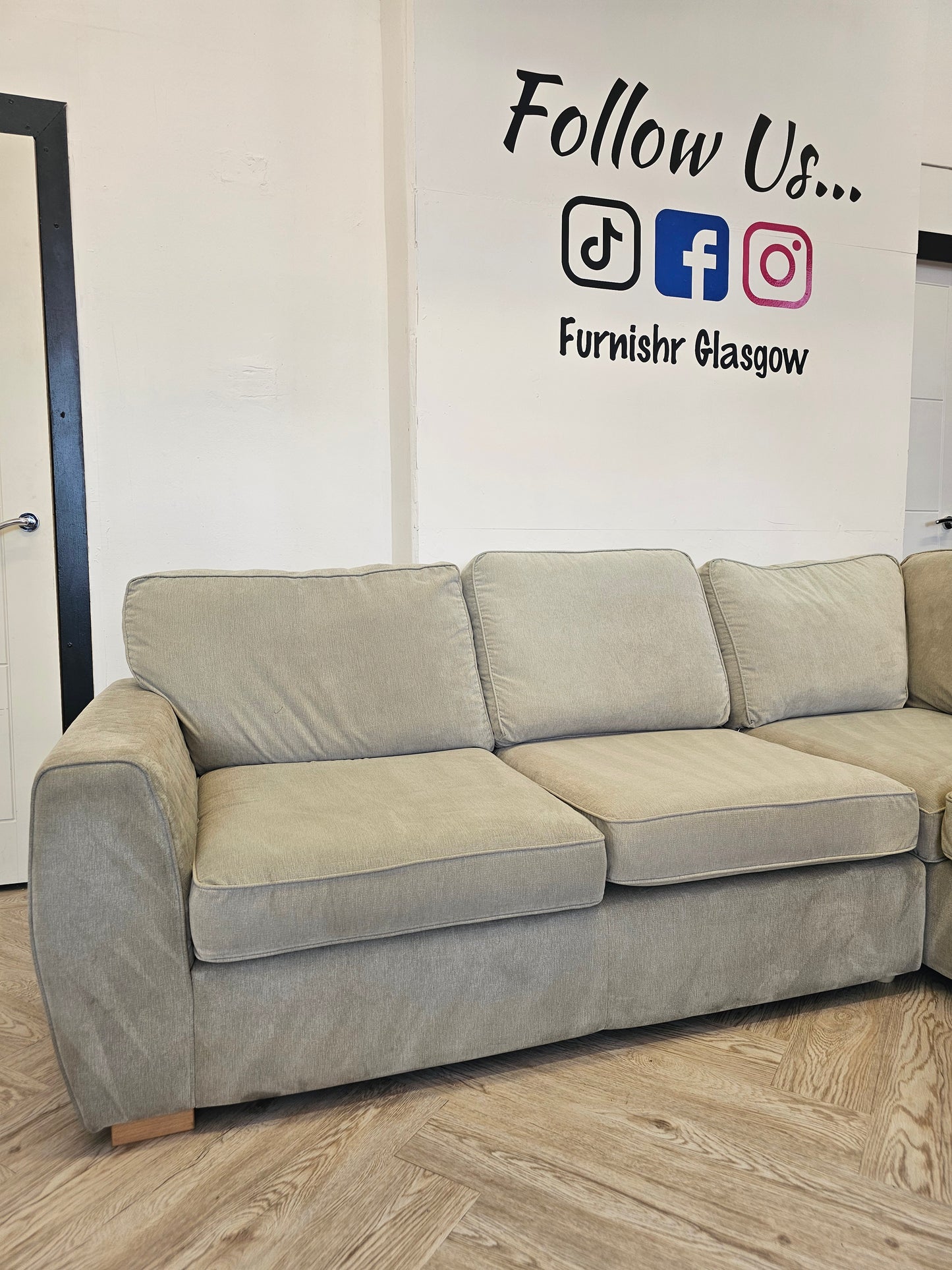 DFS Greige Orka Corner Sofa (minor imperfections hence lower price)@