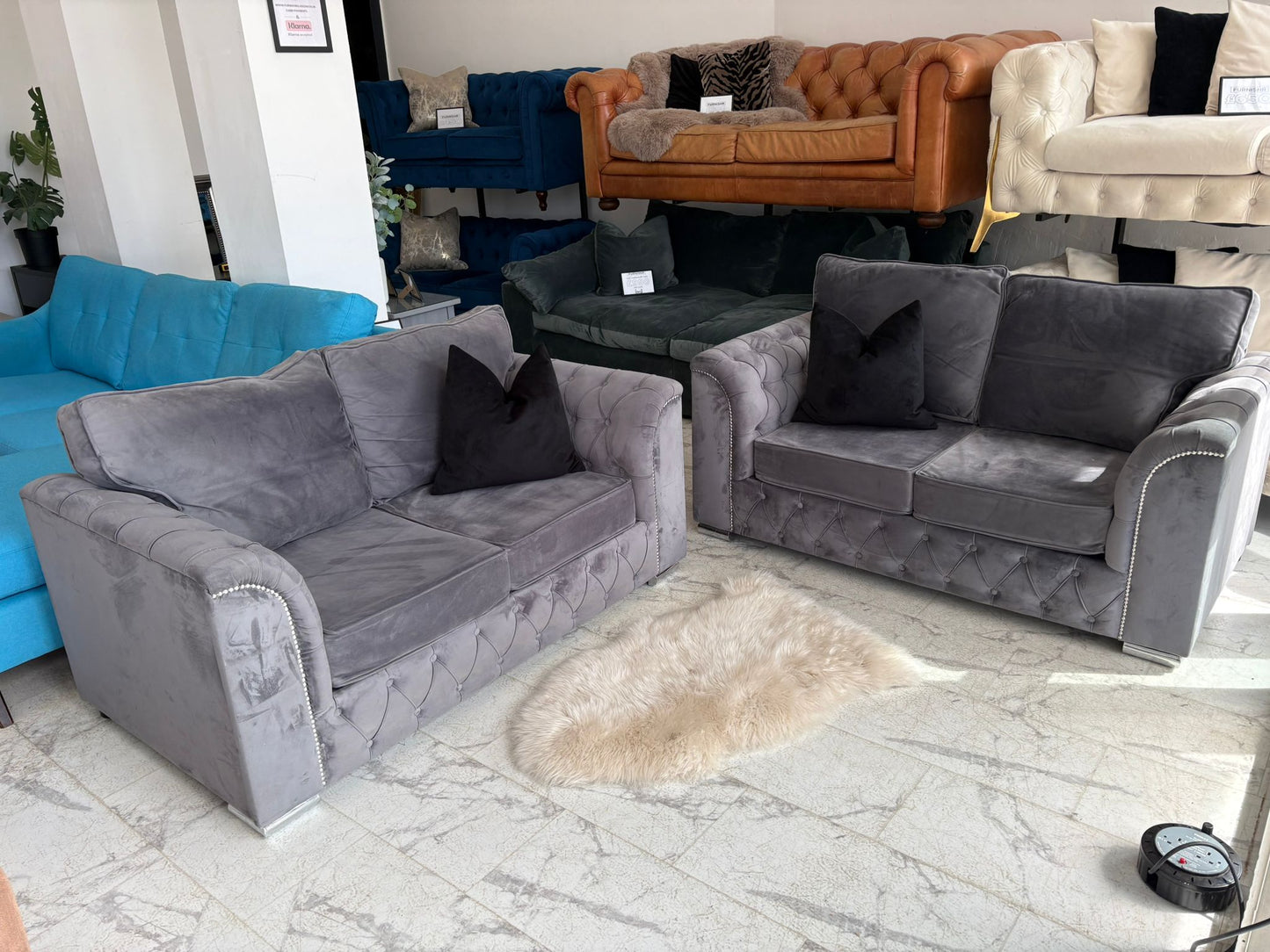 2 x 2 Seater Grey Velvet Chesterfield  Sofas