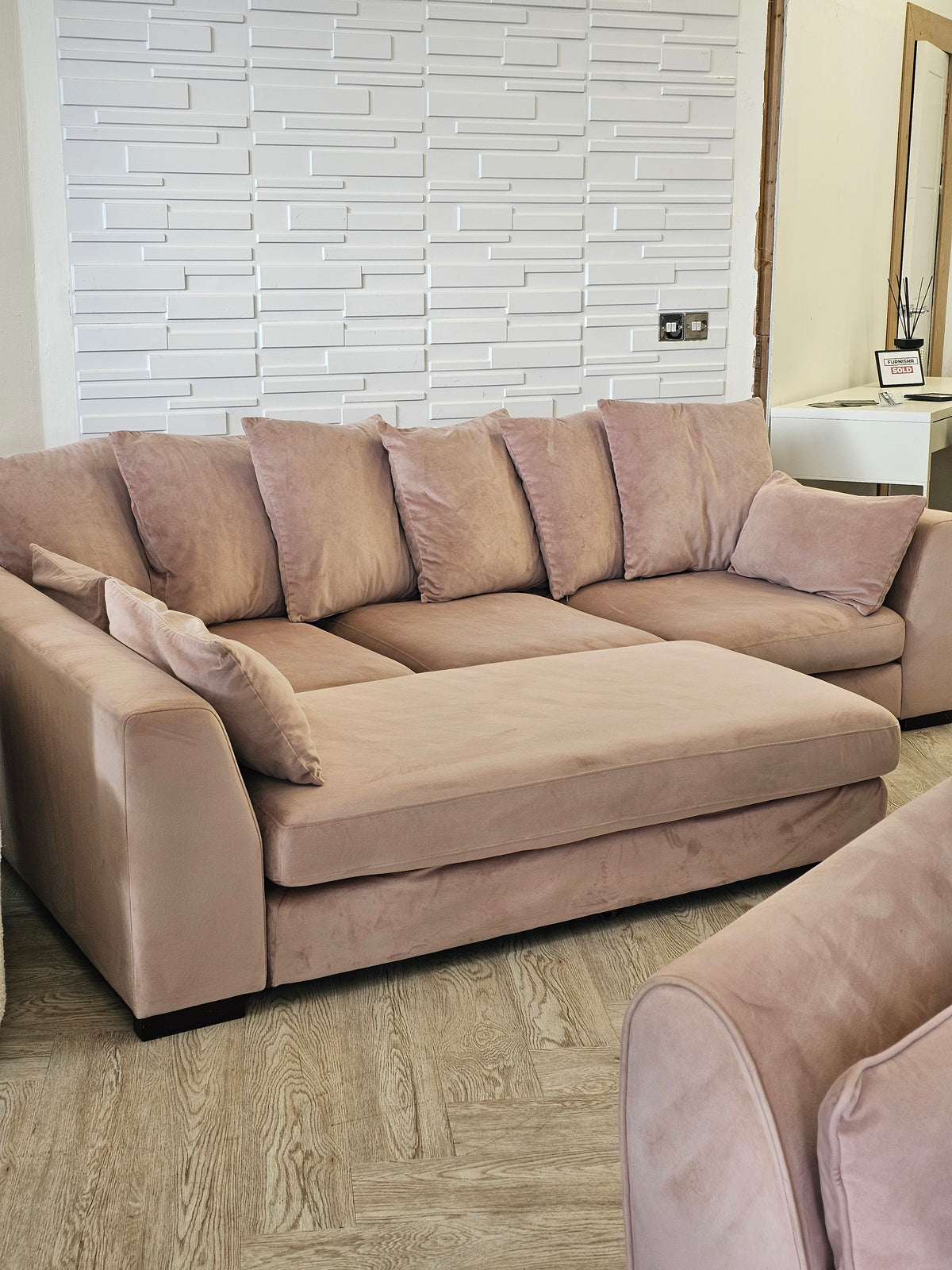 DFS SPINN Swivel Sofa Bed/ Corner Chaise in Blush Plush Pink Fabric @