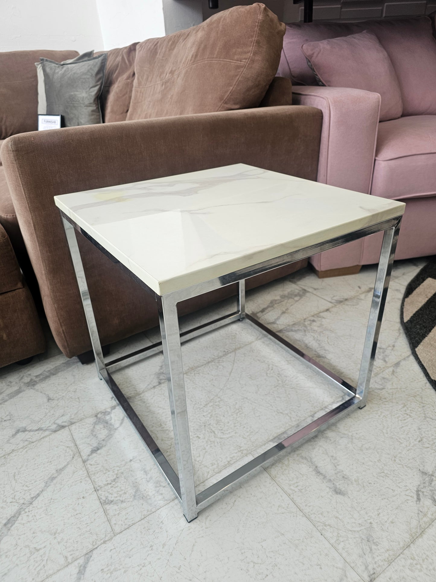 Marble Effect & Chrome Side Table (stain in corner)