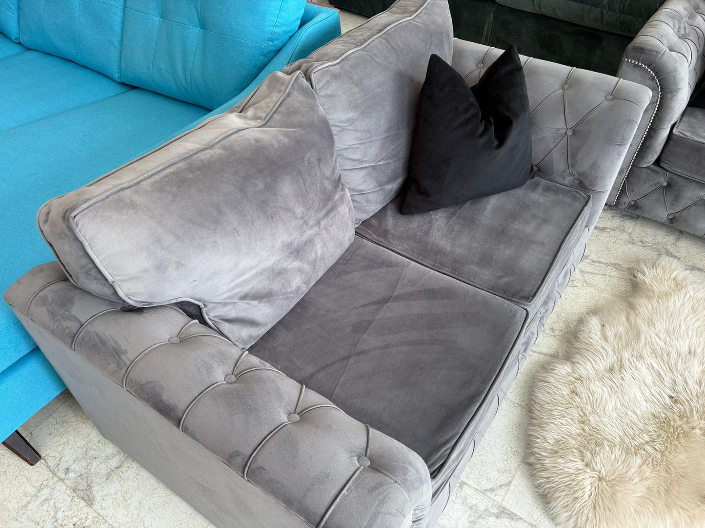 2 x 2 Seater Grey Velvet Chesterfield  Sofas
