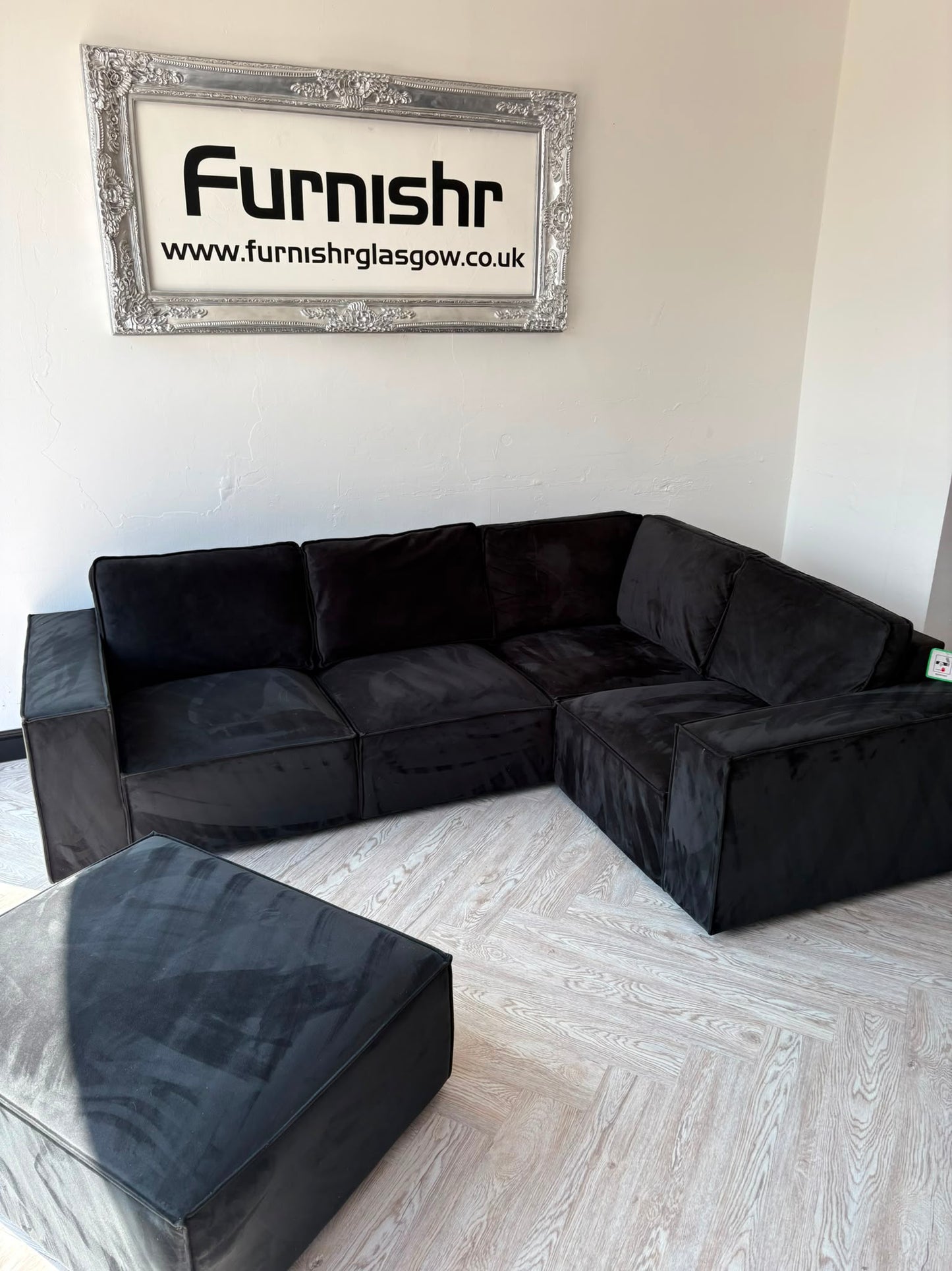 DUSK Black Plush Velvet Corner Sofa & Footstool #