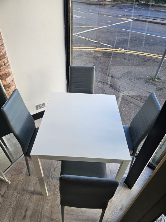 Ikea White Extendable Dining Table & 4 Grey Faux Leather Chairs @#