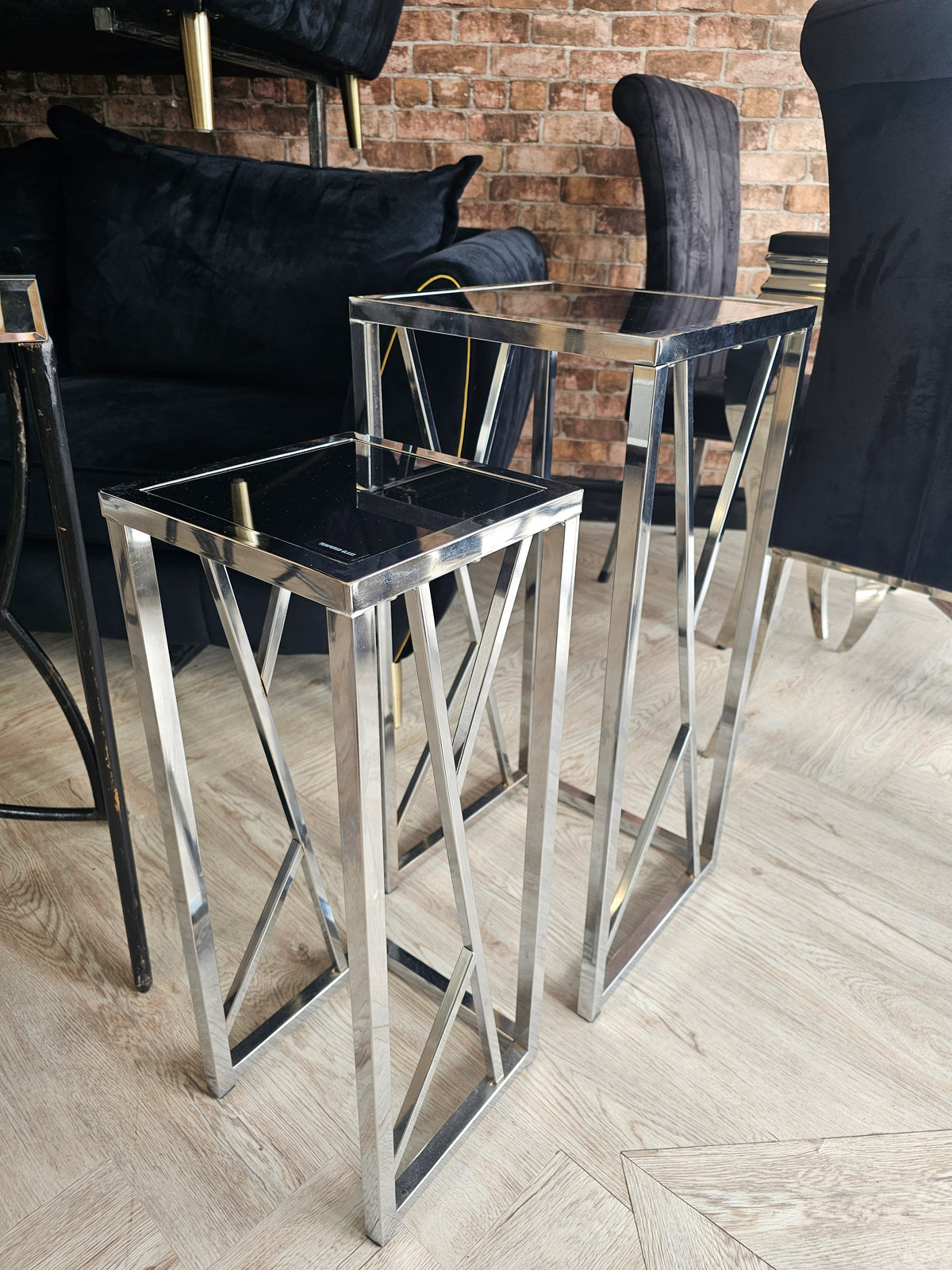 Tall Side Tables/ Plant Stands in Chrome & Black Glass @