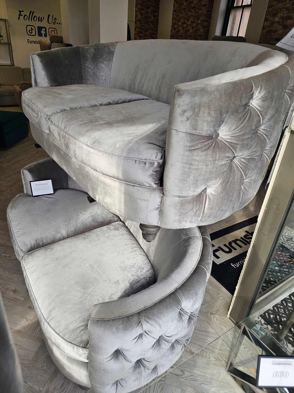 2 x 3 Seater Silver Chesterfield Style Sofas from Top Drawer @#