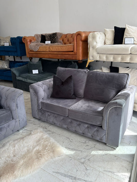 2 x 2 Seater Grey Velvet Chesterfield  Sofas