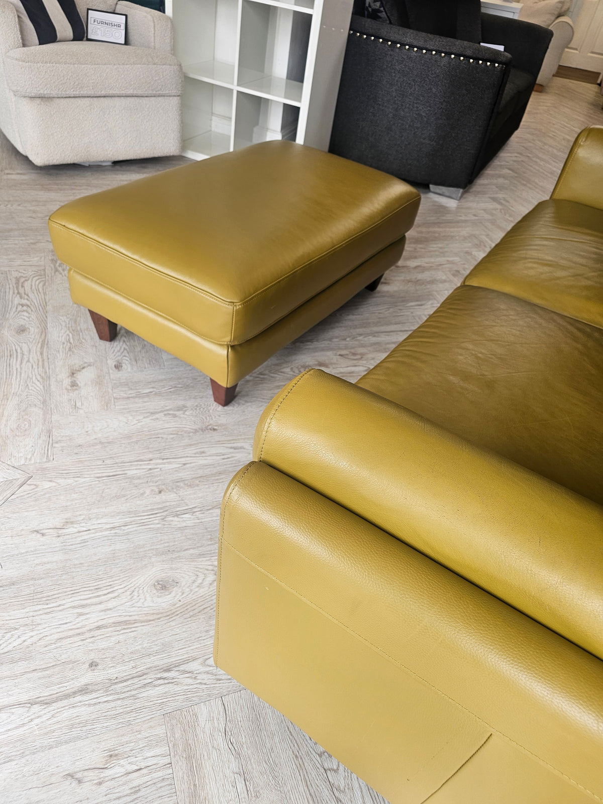 Olive Green Premium Italian Leather 2x3 Seater Sofas & Footstool *RRP £4000 @
