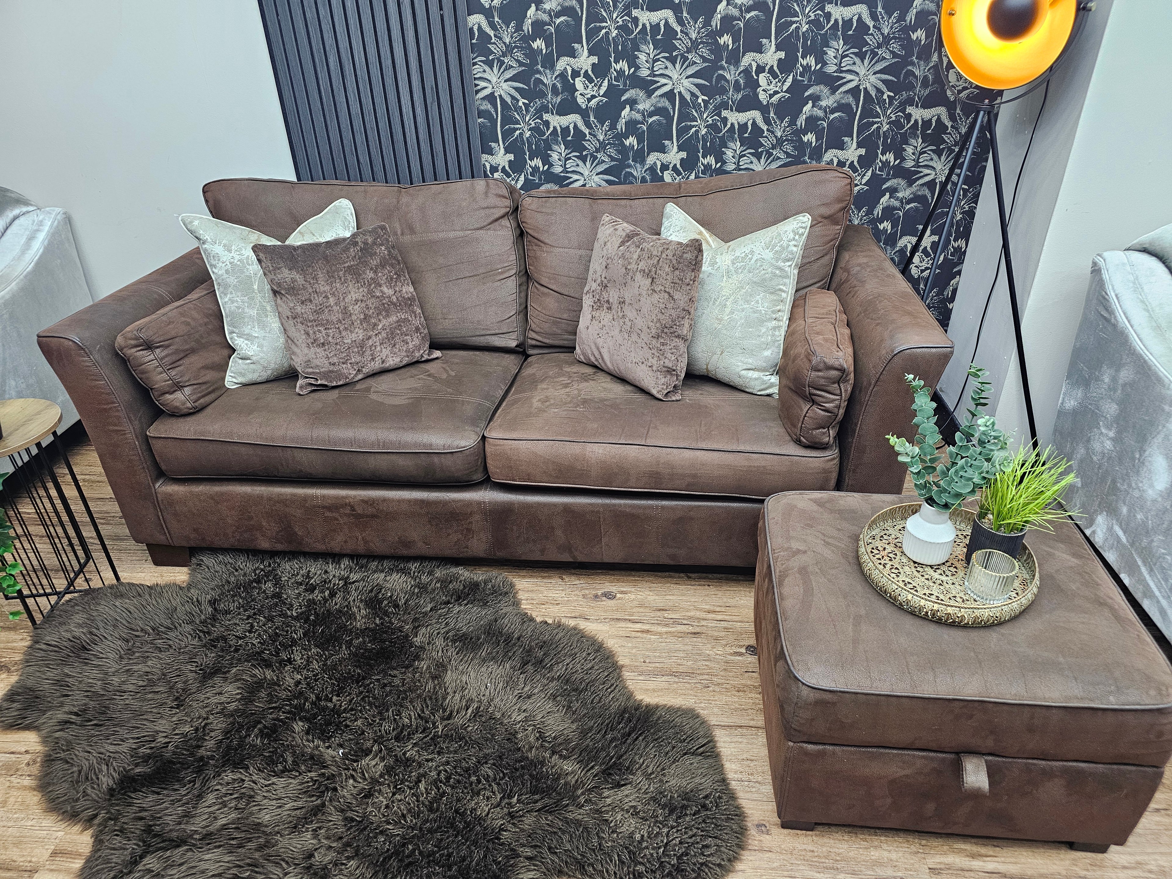 Furniture Village Nubuck Leather 3 Seater Sofa & Ottoman Footstool