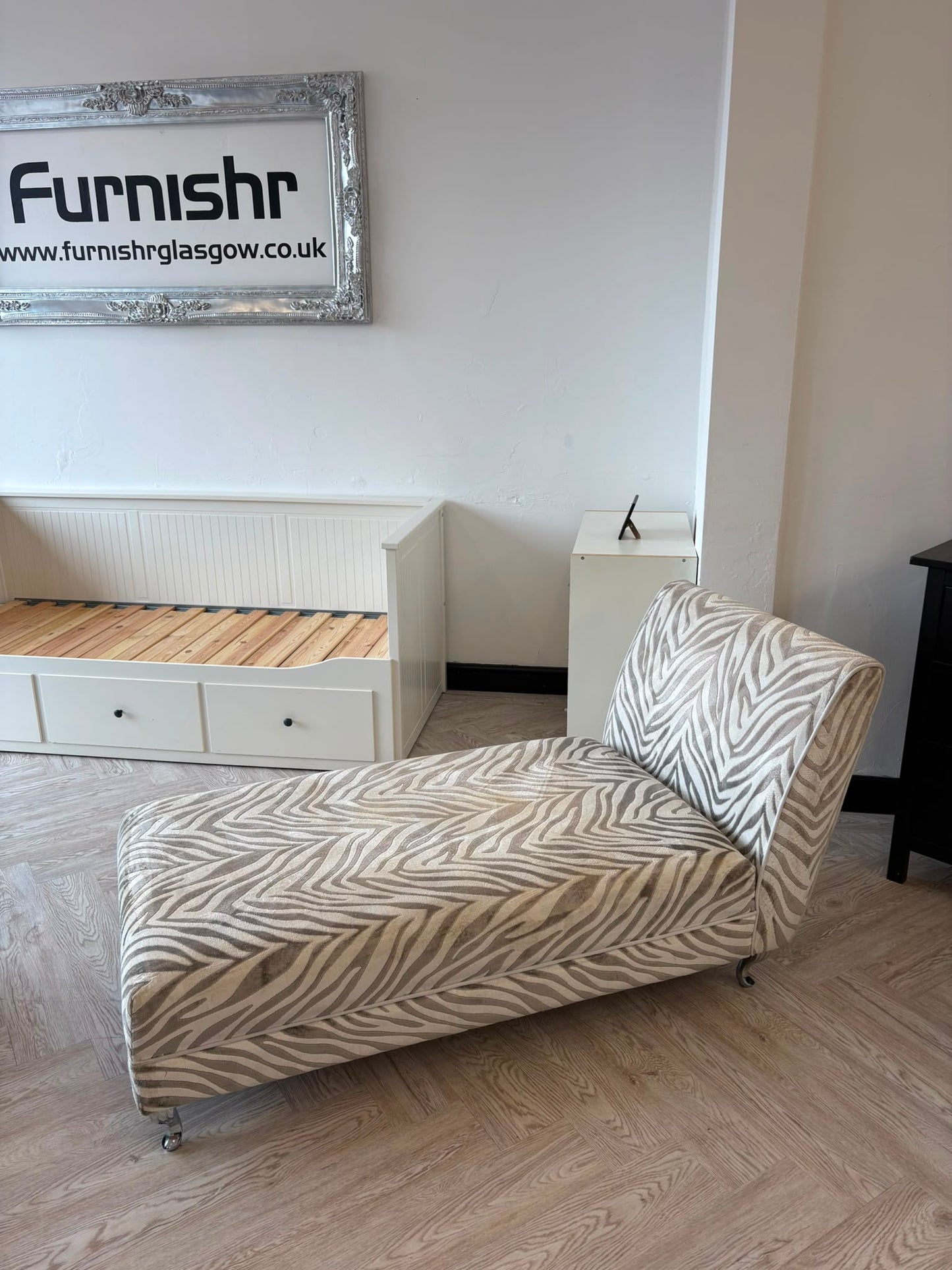 DFS Madagascar Zebra Print Chenille Chaise (cleaning required hence lower price)@