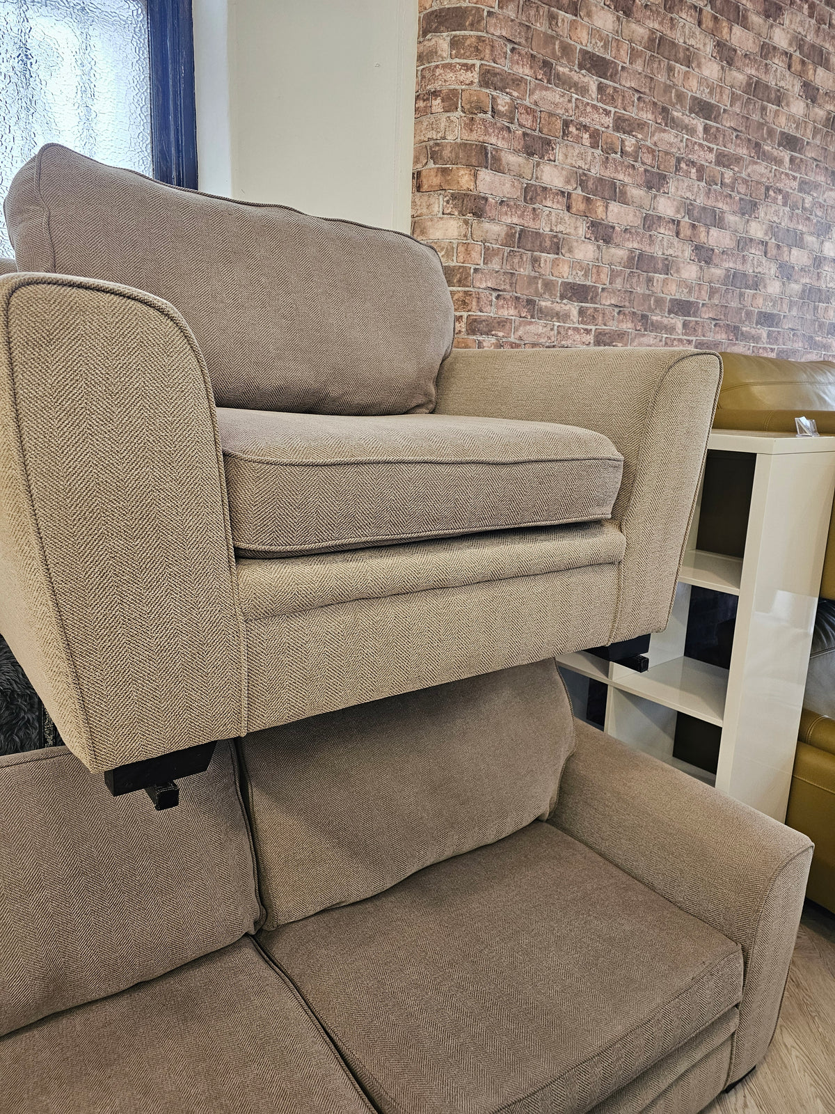 CLEARANCE Sofology Chalfont 3 Seater Sofa, Chair & Footstool in Beige/Taupe @
