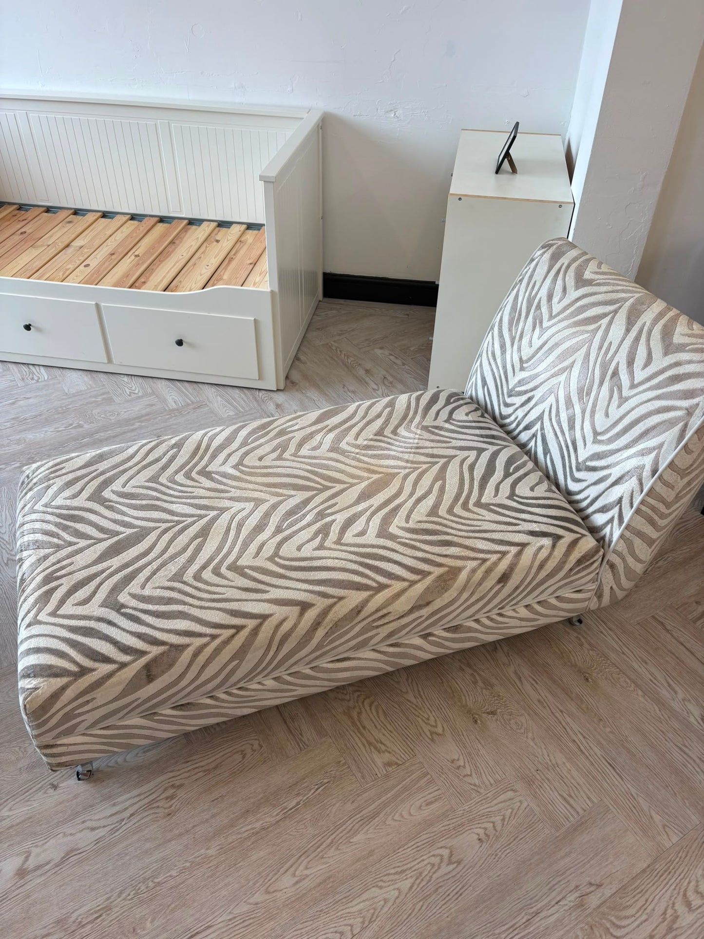 DFS Madagascar Zebra Print Chenille Chaise (cleaning required hence lower price)@