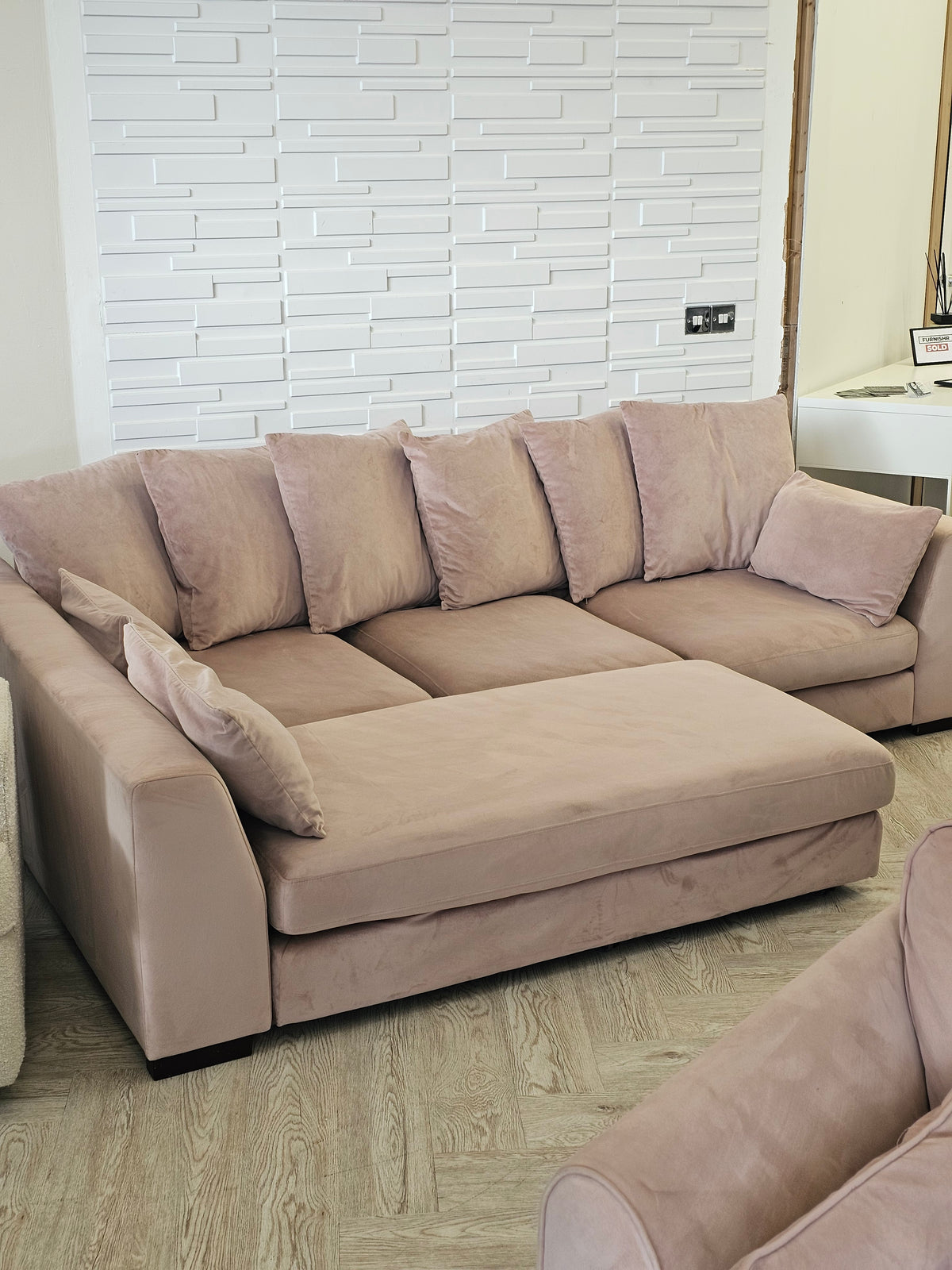 DFS SPINN Swivel Sofa Bed/ Corner Chaise in Blush Plush Pink Fabric @