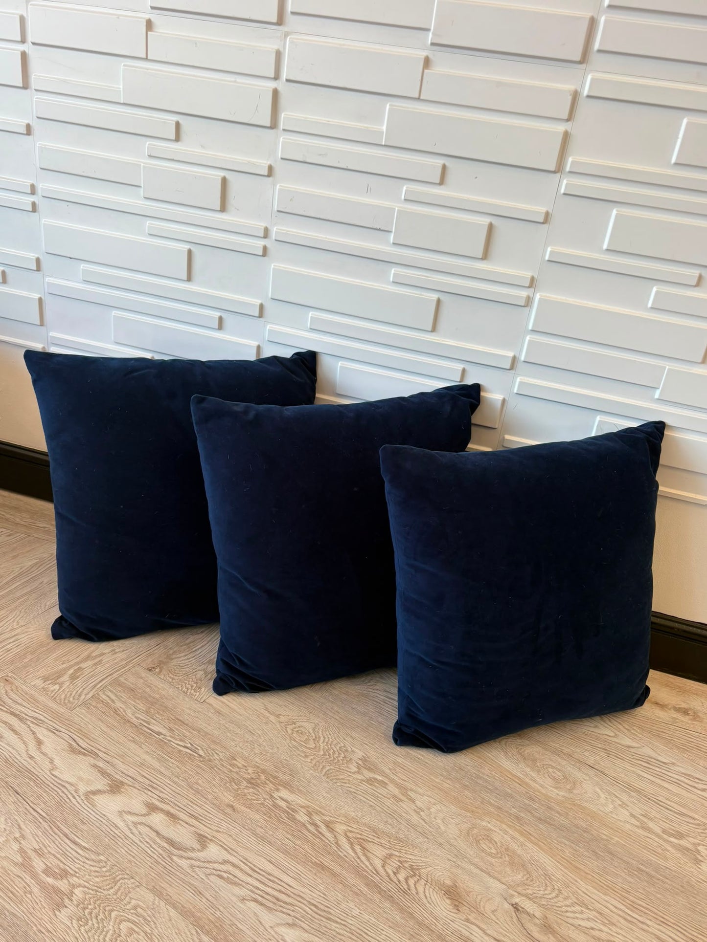 3 Large Blue Velvet Cushions 55cm by 55cm