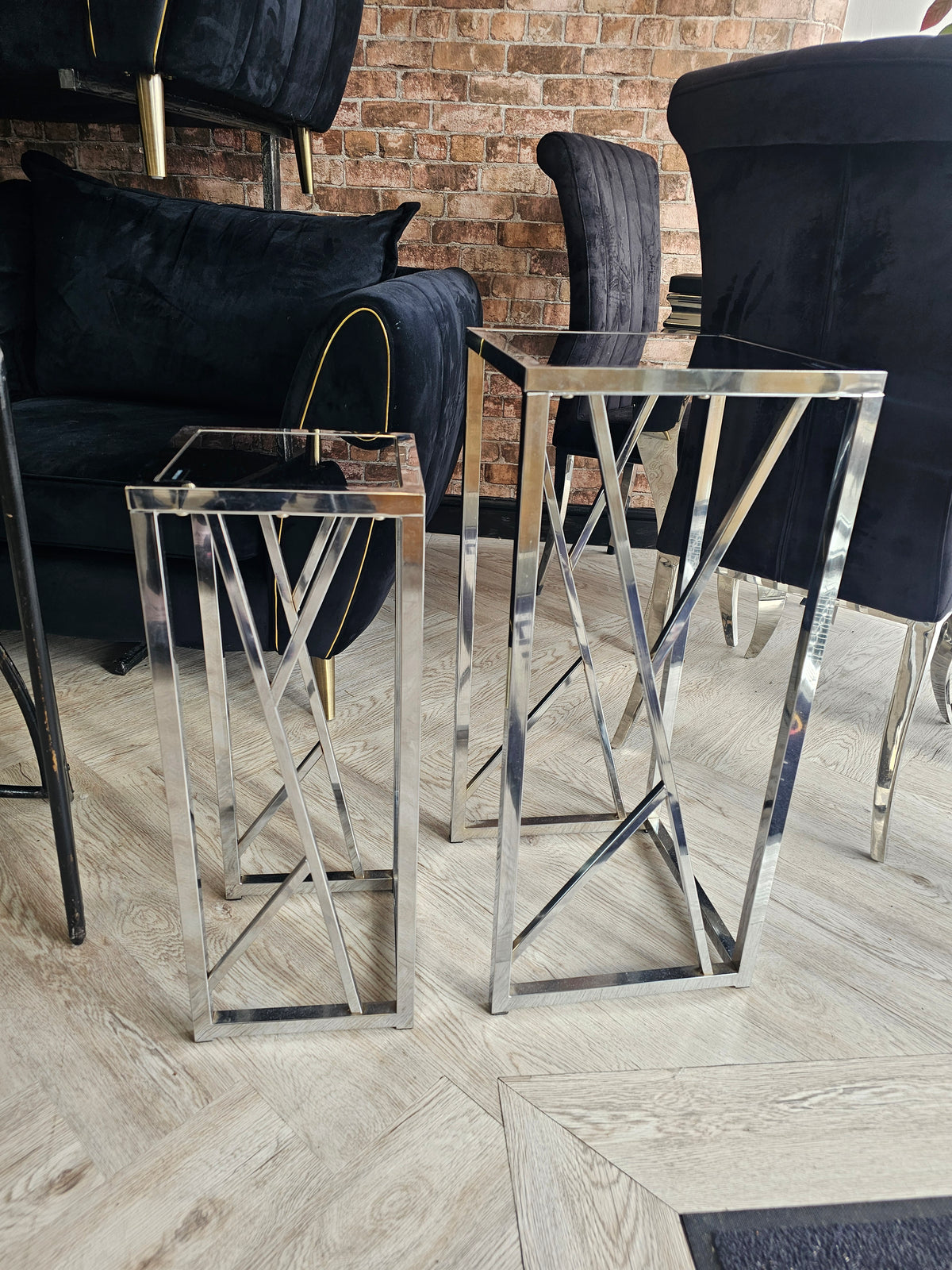 Tall Side Tables/ Plant Stands in Chrome & Black Glass @
