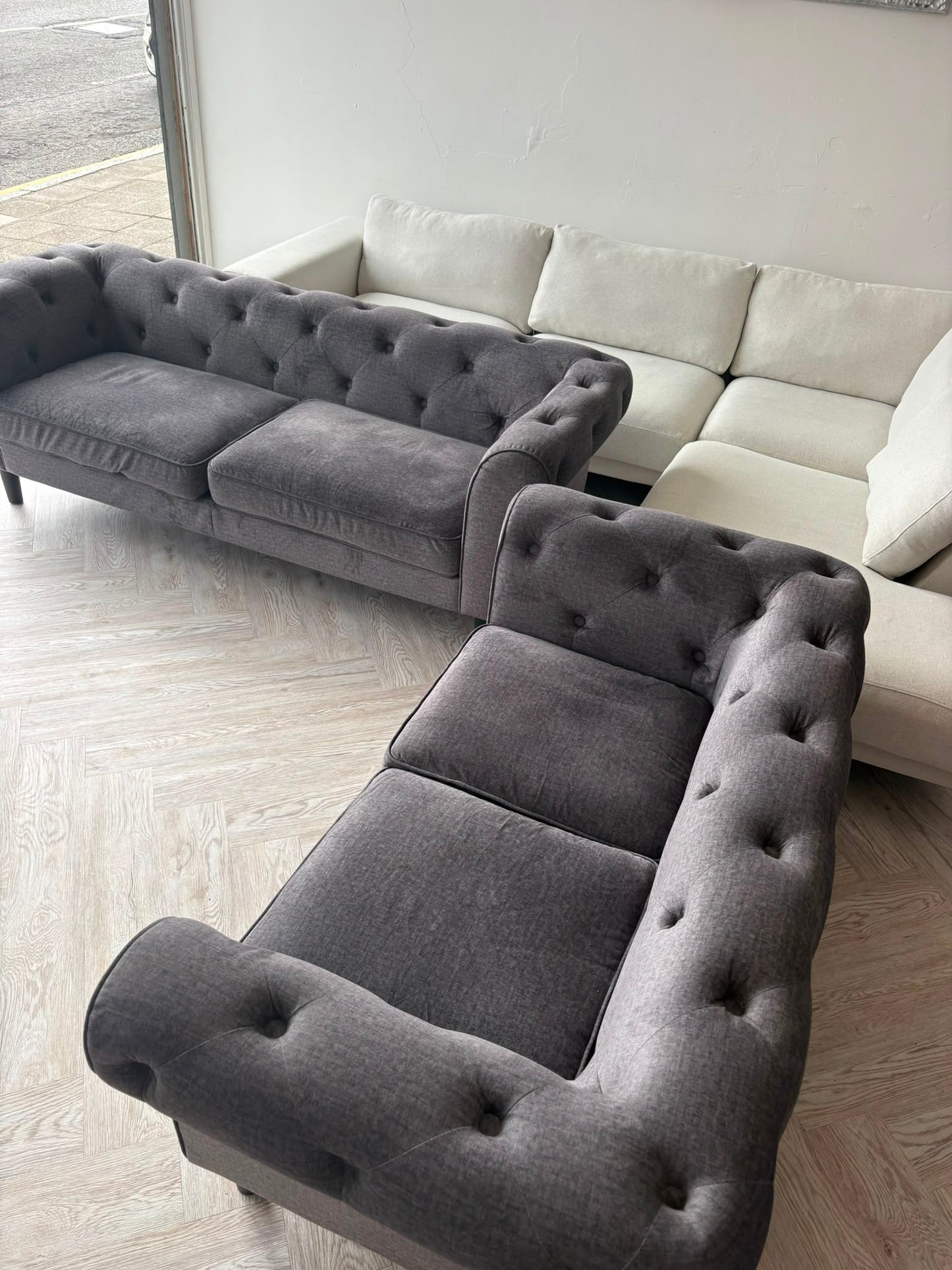Dusk Grey Soft Fabric Chesterfield 3 & 2 Seater Sofas @