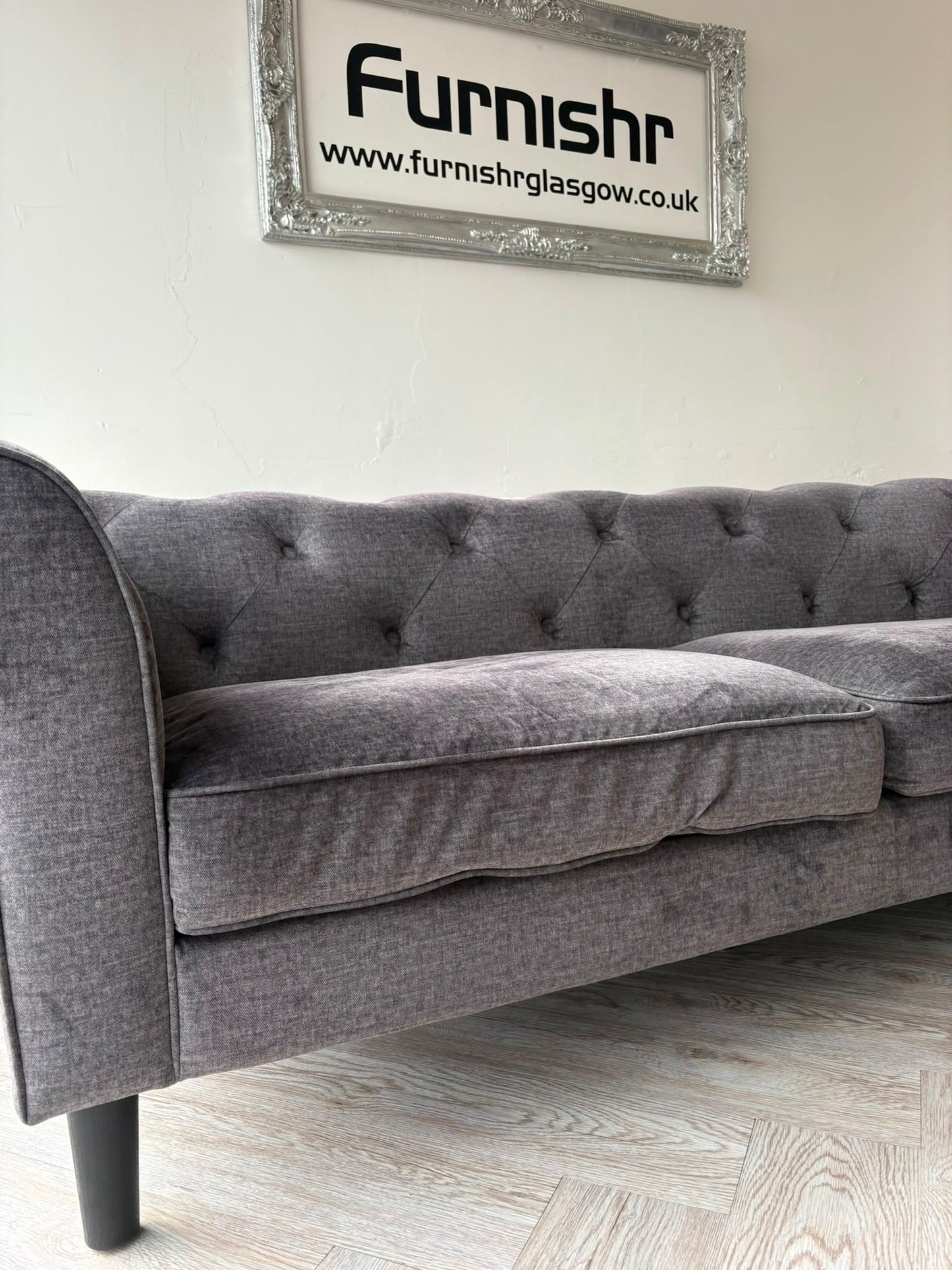 Dusk Grey Soft Fabric Chesterfield 3 & 2 Seater Sofas @