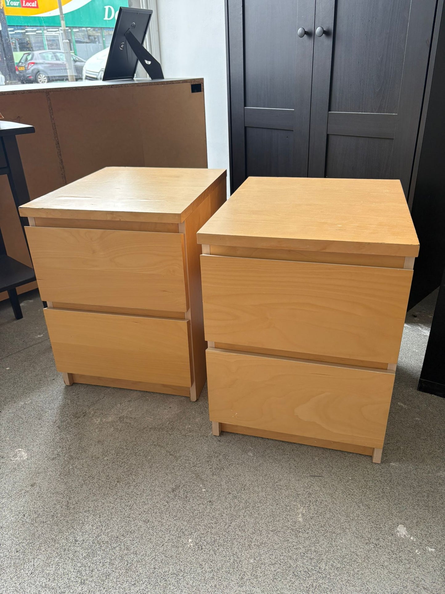 Ikea Malm Oak 2 Drawer Bedside Chests x 2 (1 has slight surface damage)
