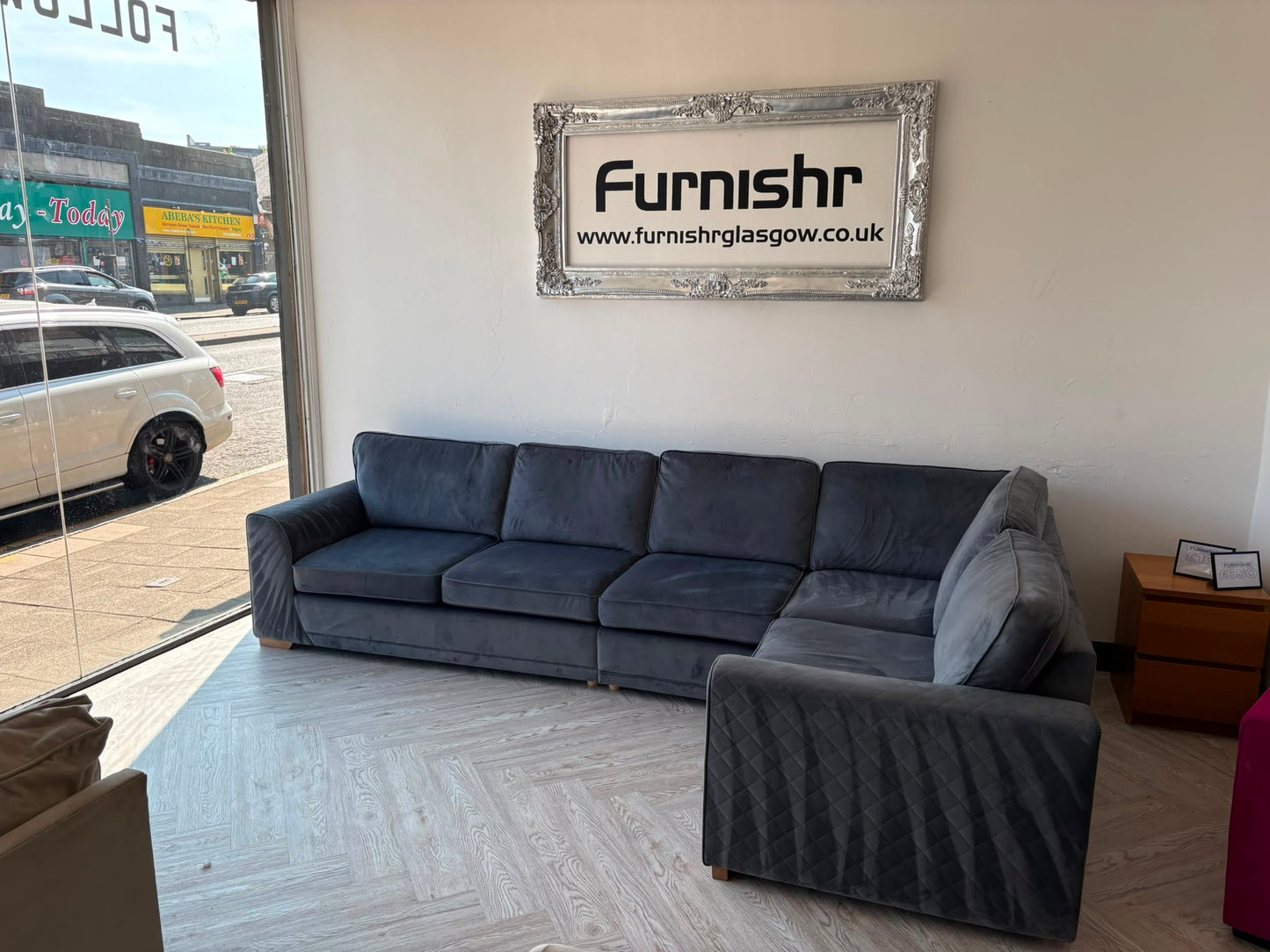 DFS Orka Large Corner Sofa, with removable extra section, in Denim Blue Sensual Velvet #