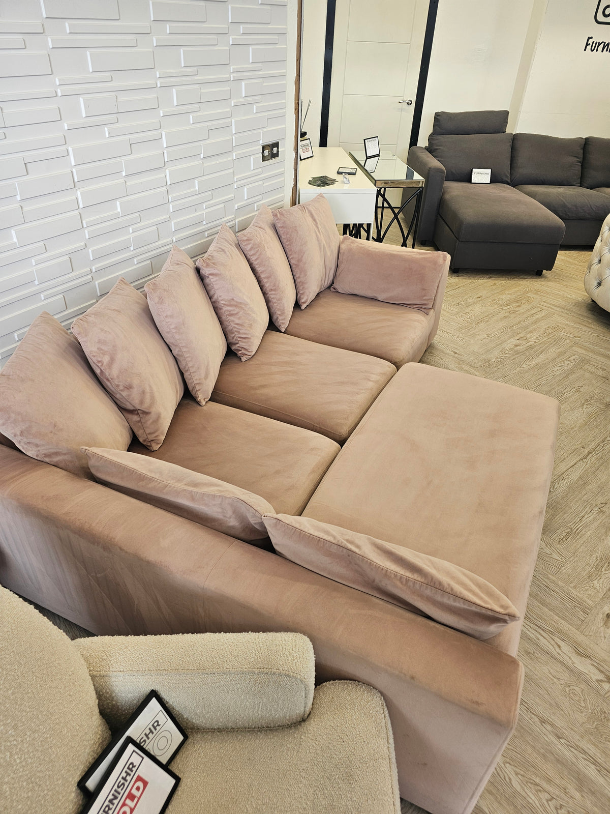 DFS SPINN Swivel Sofa Bed/ Corner Chaise in Blush Plush Pink Fabric @