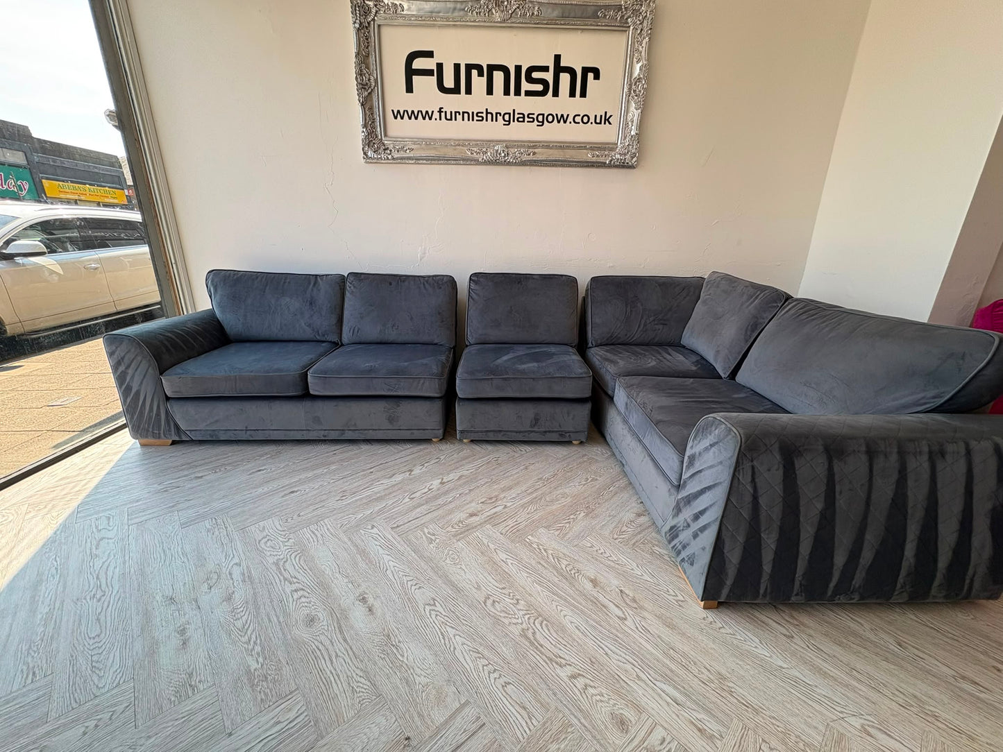 DFS Orka Large Corner Sofa, with removable extra section, in Denim Blue Sensual Velvet #