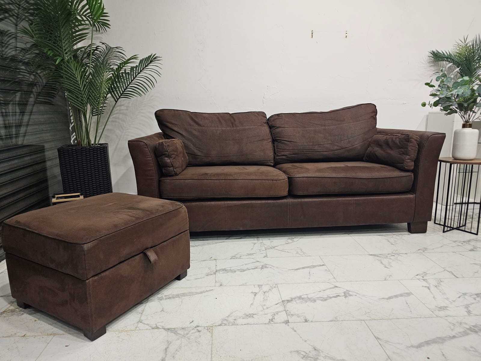 Furniture Village 3 Seater Sofa in Nubuck Suede & Ottoman